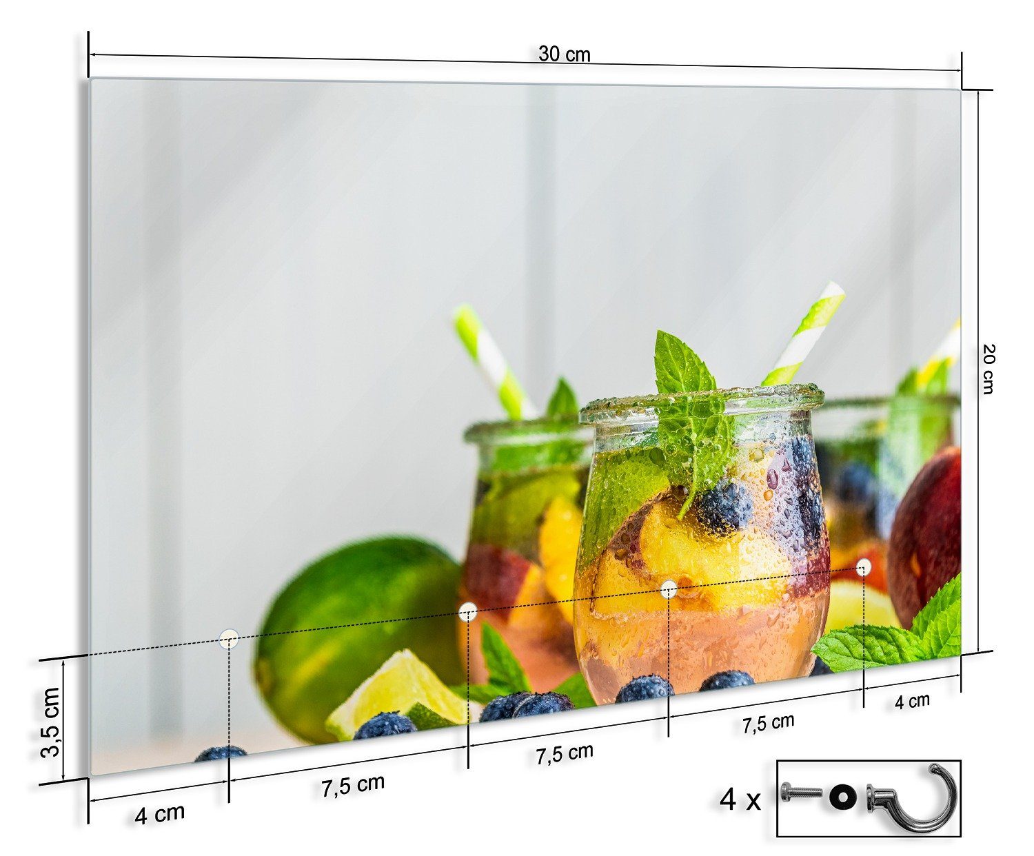 Wallario Schlüsselbrett Erfrischender Eistee mit Pfirsichen und Blaubeeren, (inkl. Aufhängeset), 30x20cm, aus ESG-Sicherheitsglas