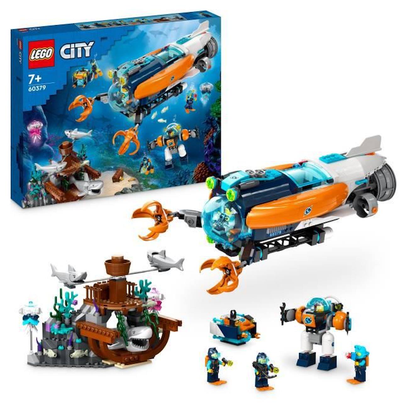 LEGO® City 60379 Le Sous-Marin d’Exploration en Eaux Profondes, Jouet avec Plongeur, et Requin bleu