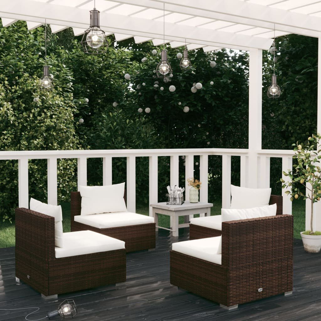 vidaXL Gartenlounge-Set 4-tlg. Garten-Lounge-Set mit Auflagen Poly Rattan Braun, (1-tlg)