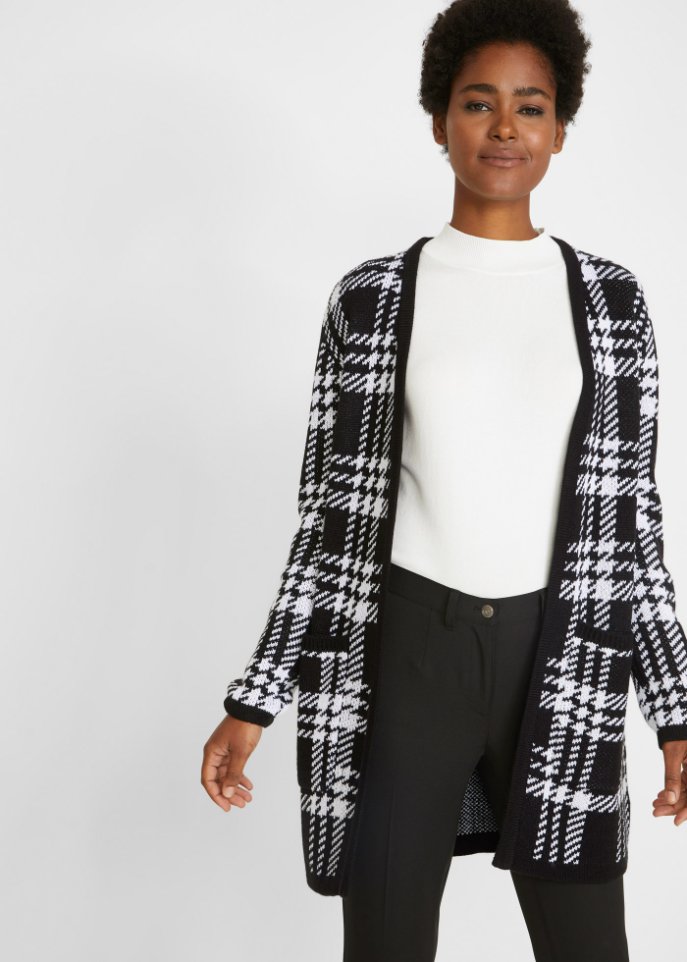 Karierte Strickjacke mit Taschen