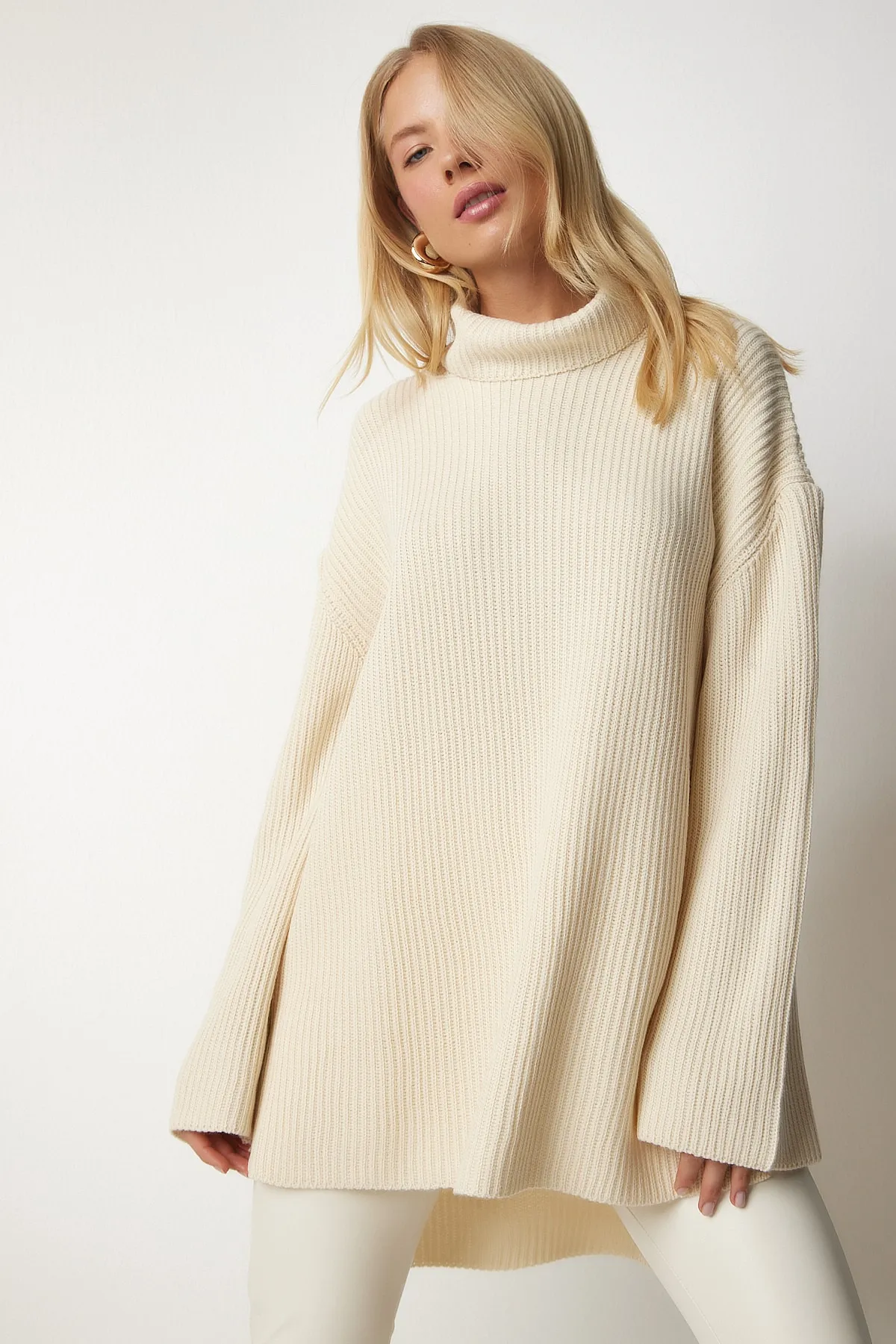 Happiness İstanbul  Cremefarbener Rollkragenpullover in Übergröße für Damen, Strickpullover YY00164