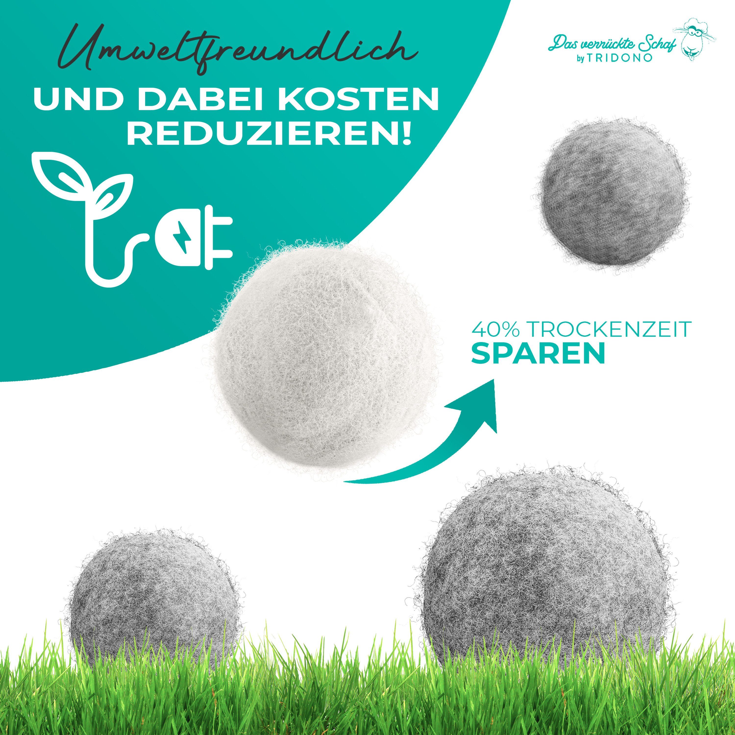 Tridono Trocknerball Das Verrückte Schaf Trocknerbälle Nachhaltige Dryer Balls für Wäschetrockner 6er Set weiße Filzbälle aus 100% Schafwolle mit Aufbewahrungsbox Natürlicher Weichspüler-Ersatz.