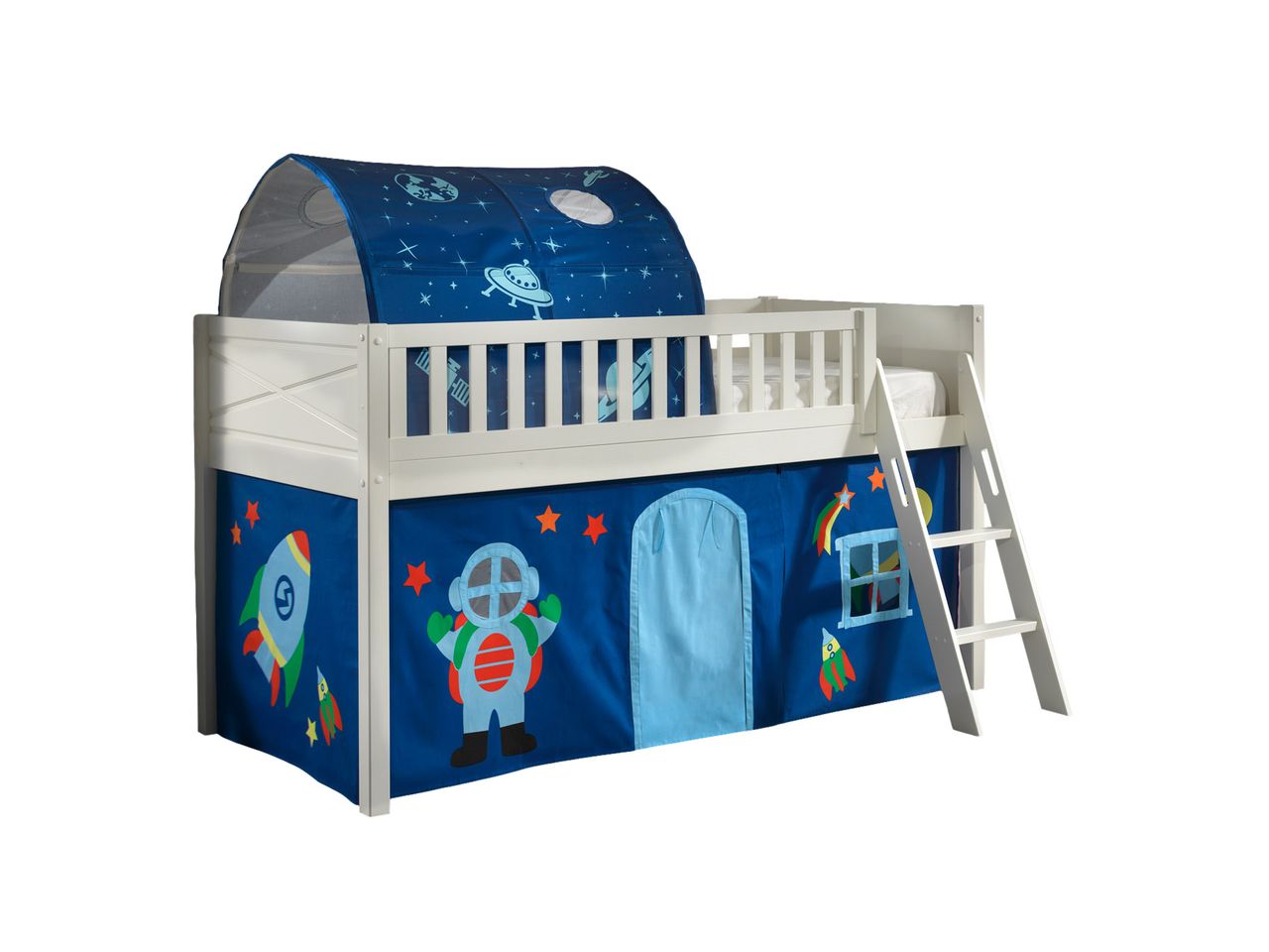 VIPACK Spielbett SCOTT, LF 90 x 200 cm, mit Rolllattenrost, Leiter und Textilset Vorhang und Tunnel 