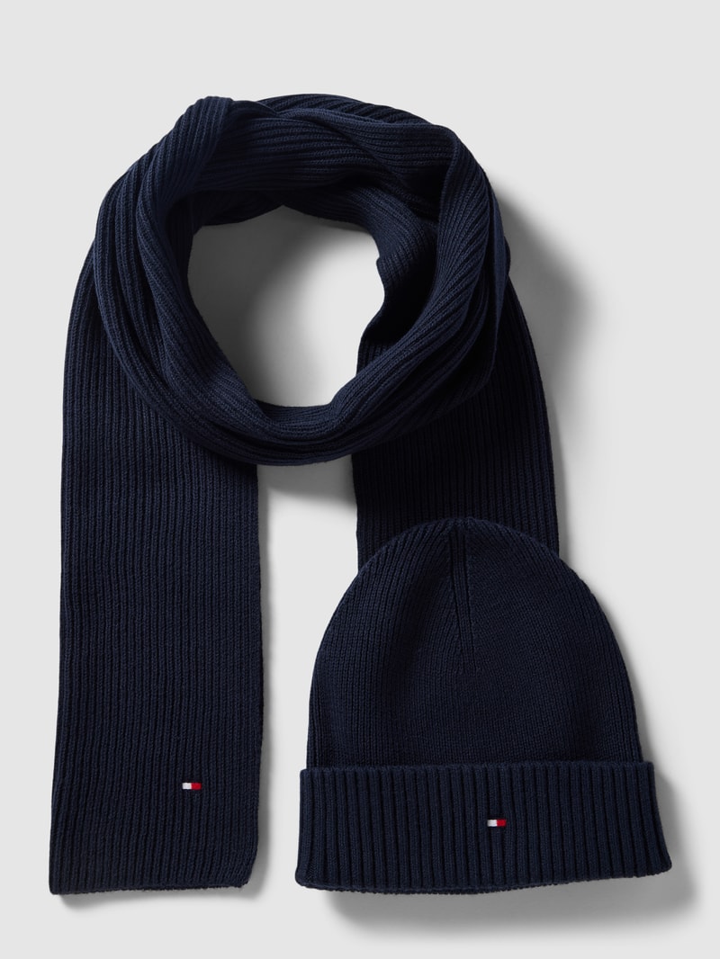 Set aus Schal und Beanie mit Kaschmir-Anteil in dunkelblau
