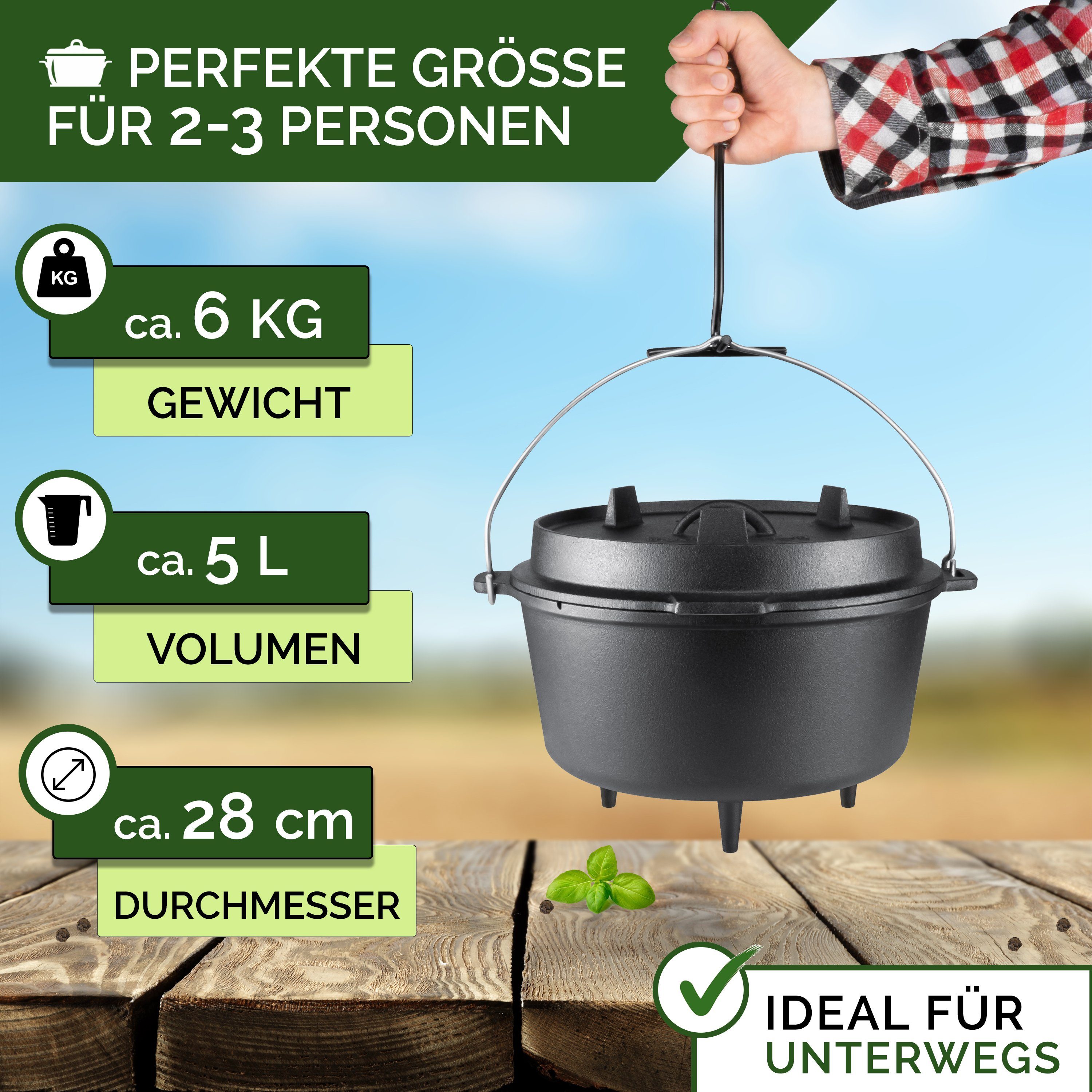 Funkenflug Feuertopf Eingebranntes Dutch Oven Set - für gesellige Grill Abenteuer, Gusseisen (Dutch Oven Set, 5-tlg., - BBQ Feuertopf aus massivem dickwandigen Gusseisen), inkl. Transporttasche, Deckelheber & Ringreiniger