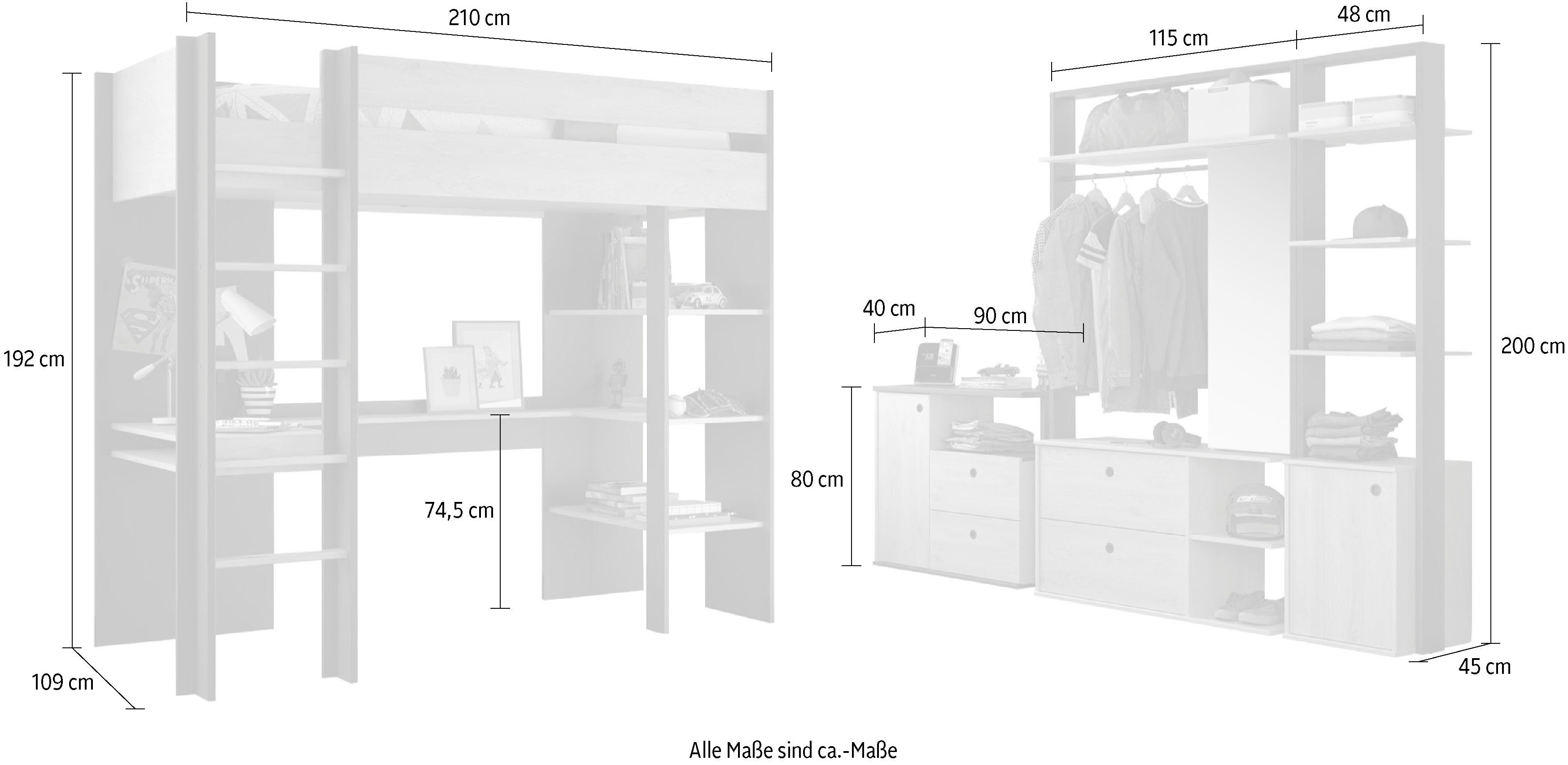 Gami Jugendzimmer-Set Duplex, (4-St., 2x offenes Schranksystem, Kommode, Hochbett)