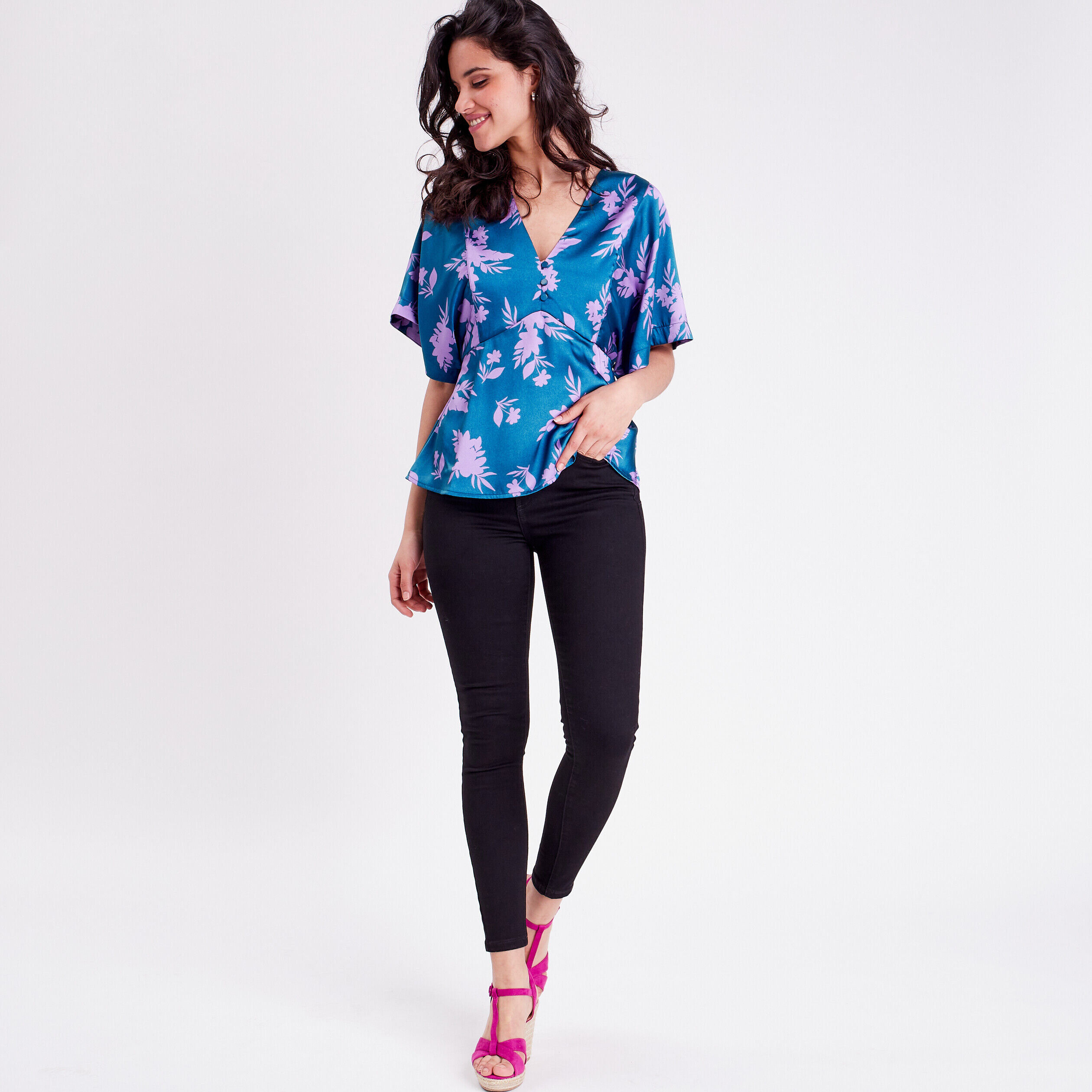 Blouse évasée manches 3/4 bleu femme | Cache Cache