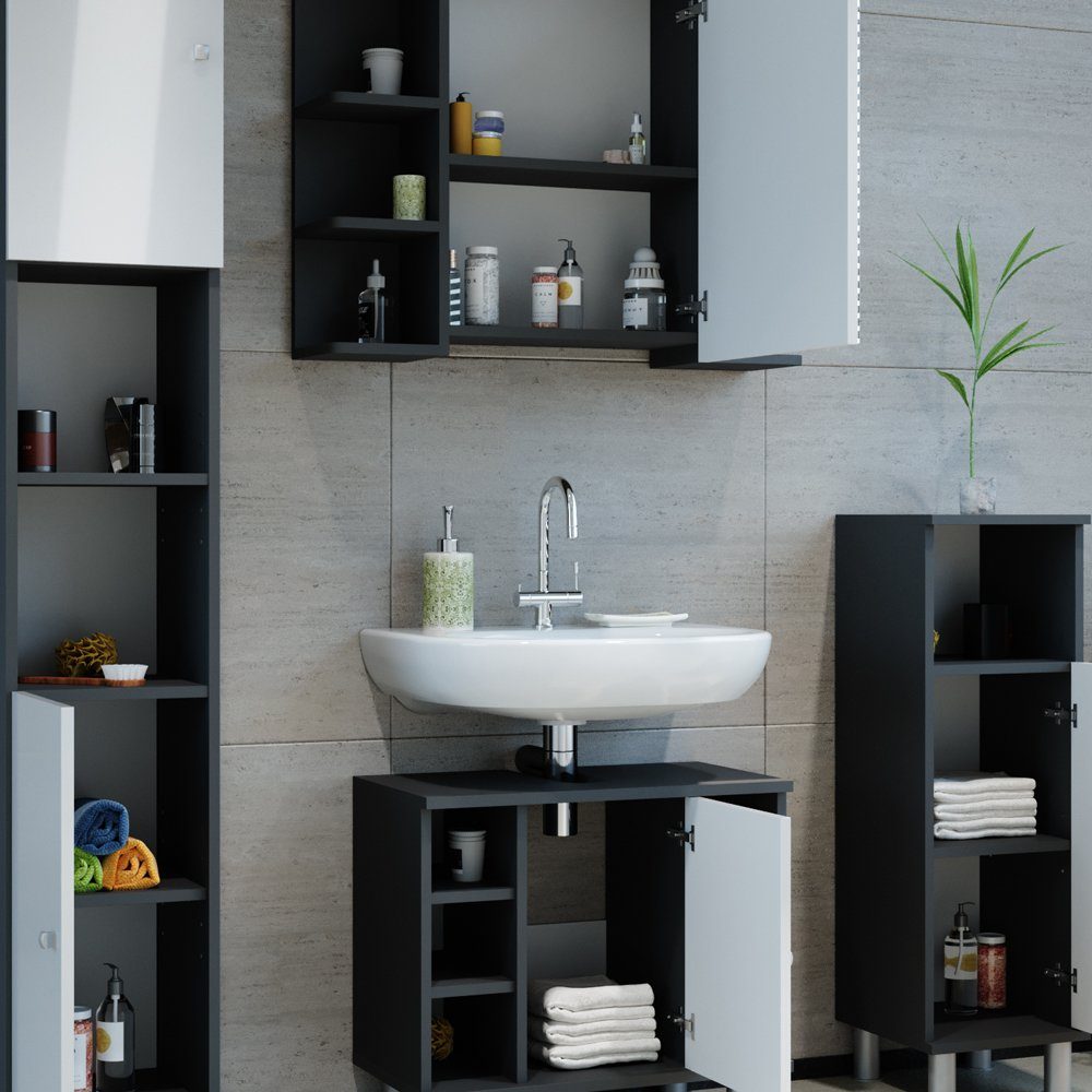 Vicco Badmöbel-Set Badezimmerset FYNN Anthrazit Weiß Set 4, (4-er Set, 4-St., 4-er Set)