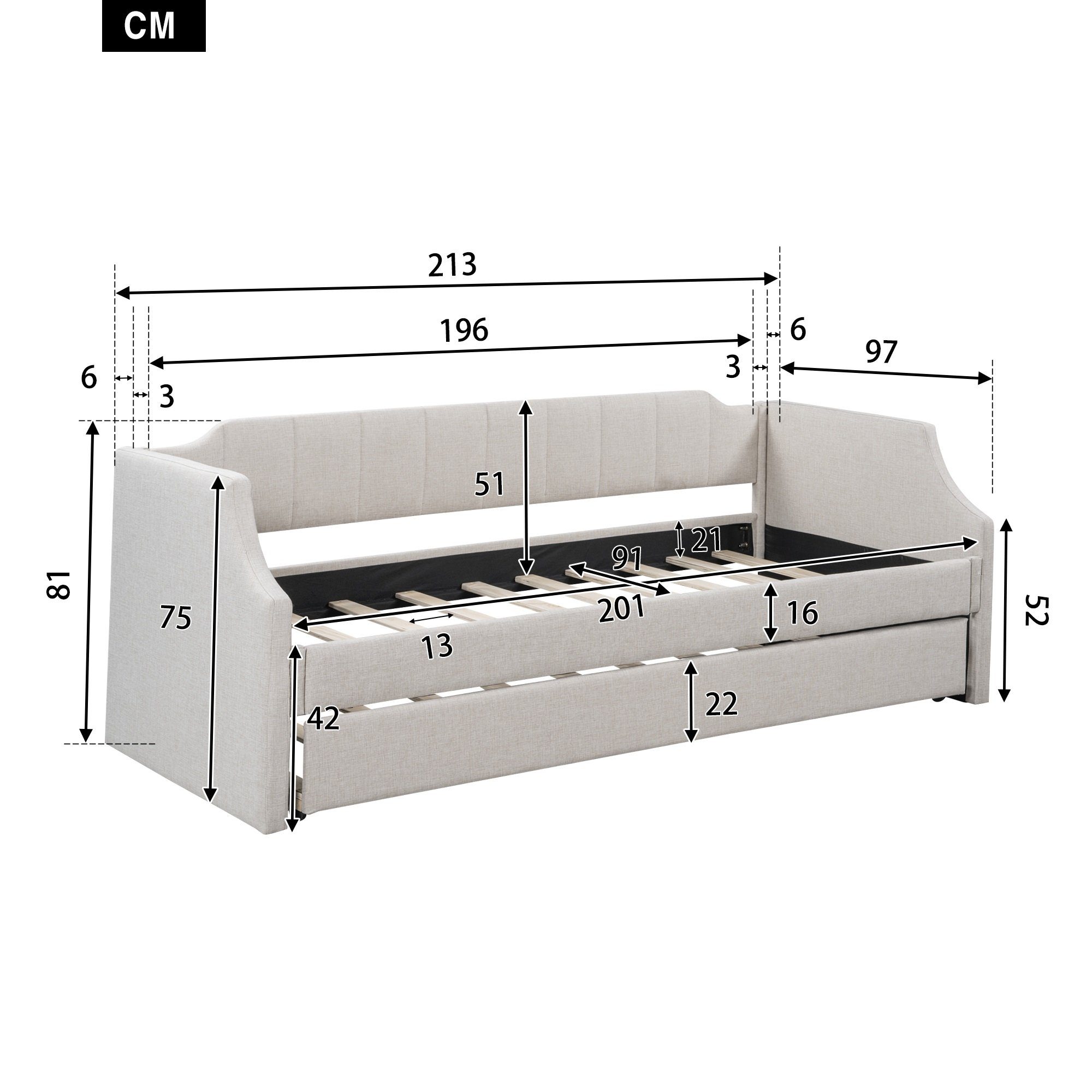WISHDOR Einzelbett Schlafsofa, Gästebett, Funktionsbetten, ausziehhare Liegeffäche (Gepolstertes Single Daybed mit Rollbett, 90 x 200(190) cm), Ohne Matratze
