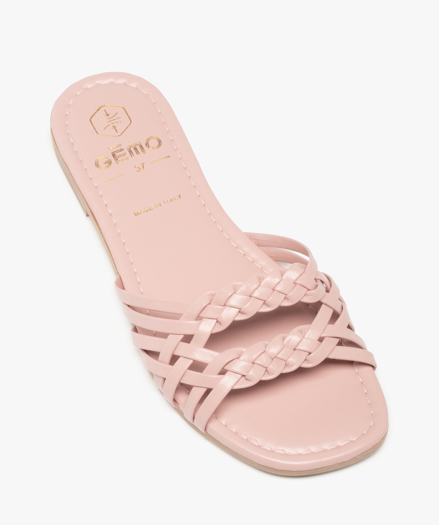 Mules femme à talon plat et fines brides tressées rose | GEMO