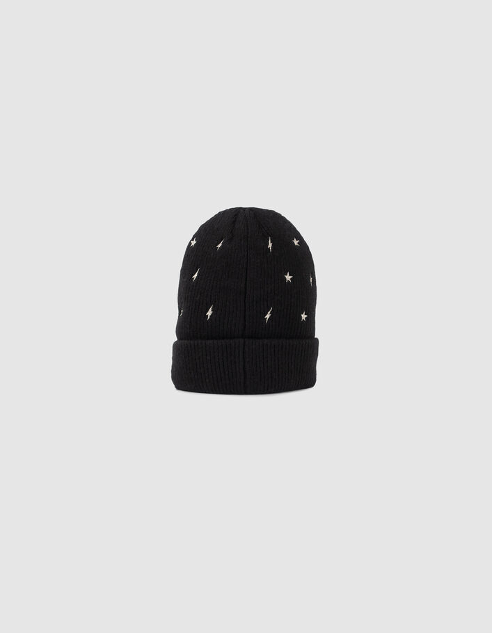 Bonnet noir tricot brodé étoiles et éclairs dorés fille