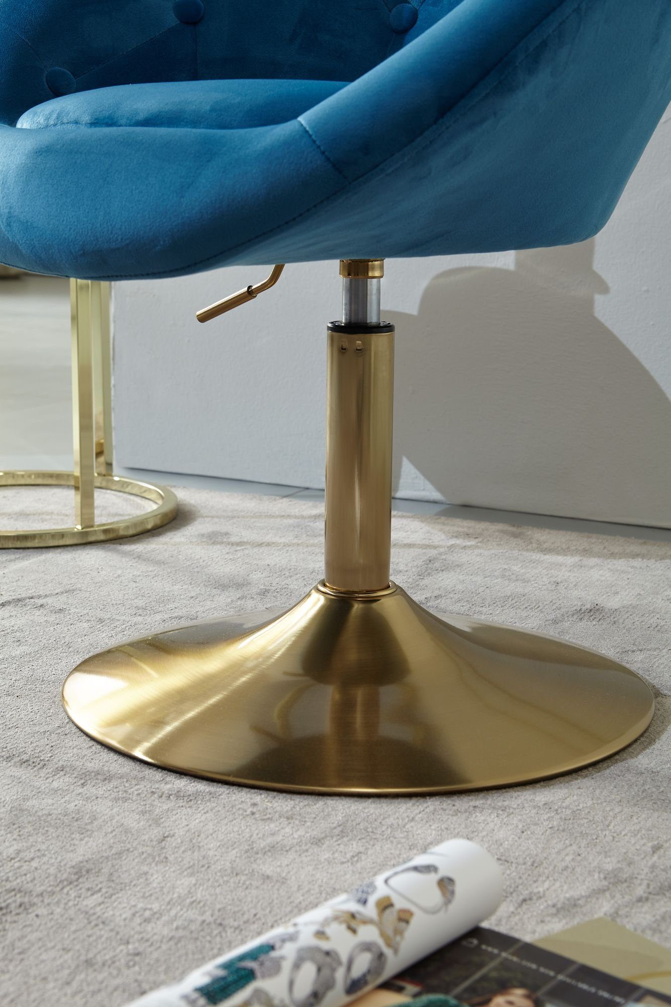 FINEBUY Polsterstuhl FB24204 (Samt Blau / Gold Design Drehstuhl mit Rückenlehne), Clubsessel Lounge, Relaxsessel Loungesessel