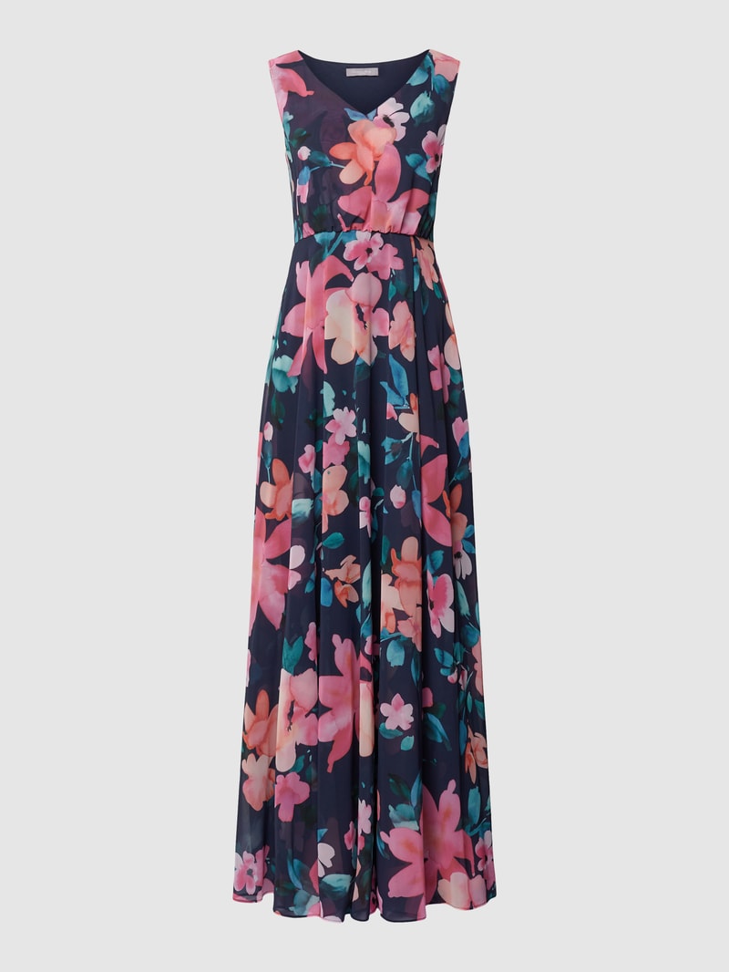 Abendkleid mit floralem Allover-Print in marineblau meliert