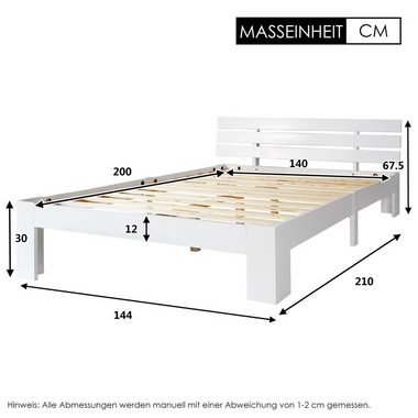 WISHDOR Holzbett Doppelbett Holz Bett Kinderbett Jugendbett Massivholzbett 140x200 cm (ohne Matratze Massivholzbett Bettgestell mit Lattenrosten mit Kopfteil), FSC Massiv Massivholz Kieferbett