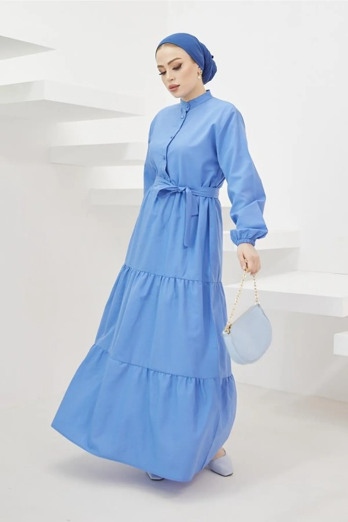 benguen  428 Prächtiges Hijab-Kleid mit Kragen und Knöpfen Blau