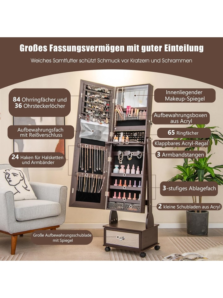 COSTWAY Schmuckschrank LED mit Rollen 159cm in Braun günstig kaufen onesize