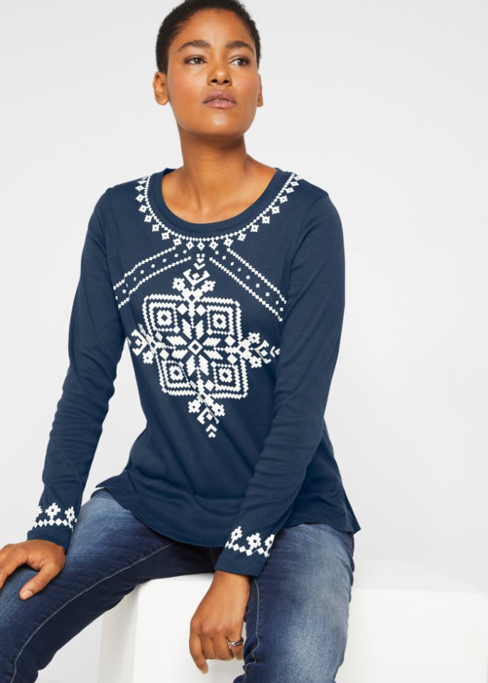 Baumwollripp-Langarmshirt mit Norwegermotiv
