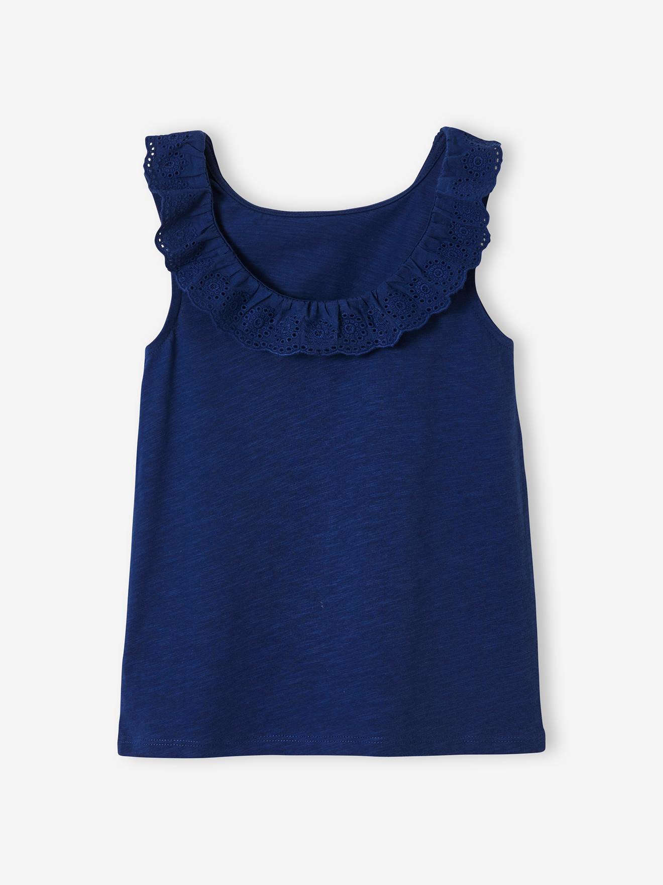 Débardeur fille col volanté en broderie anglaise bleu