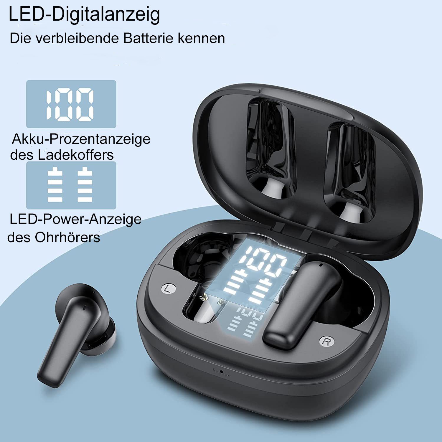 Mutoy True Wireless Bluetooth 5.0, Bluetooth Kopfhörer Wasserdicht IPX6 In-Ear-Kopfhörer (Voice Assistant, Bluetooth, Steuerung für Anrufe und Musik,LED Ladestandsanzeige,True Wireless)