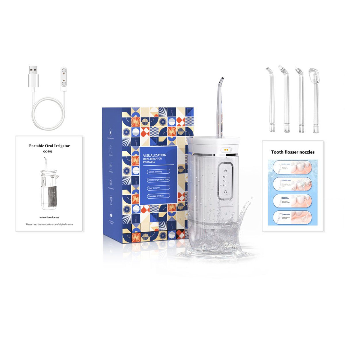 Yoyaxi Zahnpflege-Set Akku-Wasserflosser, Mundwasser-Flosser mit 3 Modi und 4 Düsen, Spiegelreflexion für gründlichere Reinigung, 1-tlg., geeignet für Reisen und den Heimgebrauch, 200 ml tragbarer Akku-Scaler mit einziehbarem Wassertank