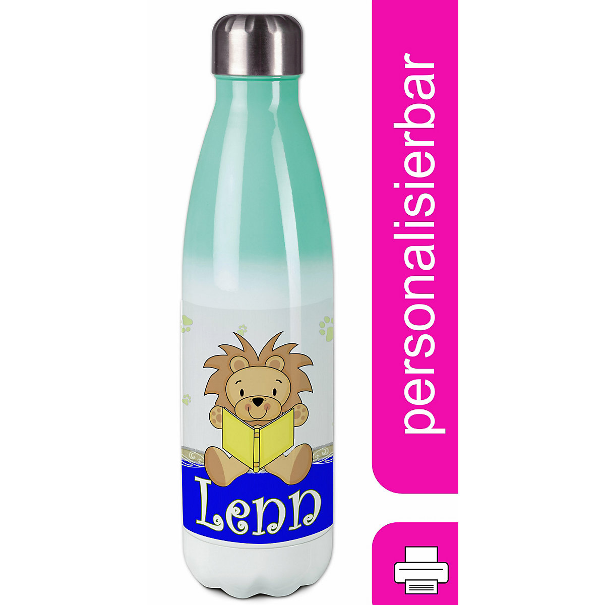 Edelstahl Kinder Thermoflasche / Trinkflasche bunt Leselöwe Farbe blau Spülmaschinenfest, Auslaufsicher, Bruchfest, Doppelwandig, Für Heißgetränke geeignet, Mit Deckel, Isoliert