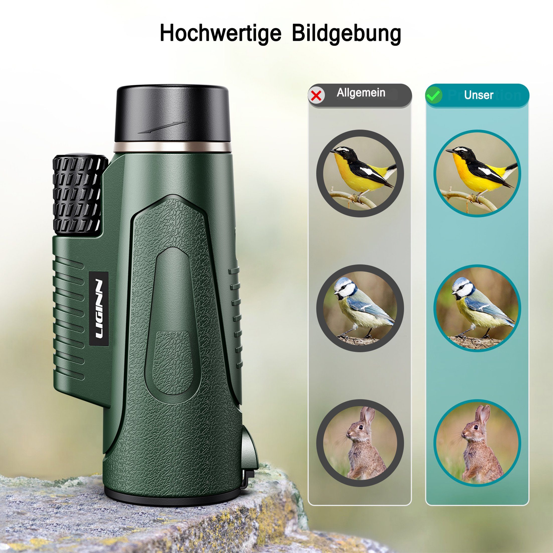 KINSI Outdoor Monokular,HD-Teleskop,mit Stativ + Handy-Clip,12x50 Fernrohr (12fache Vergrößerung für Vogelbeobachtung/Sportspiele/Jagd/Reisen)