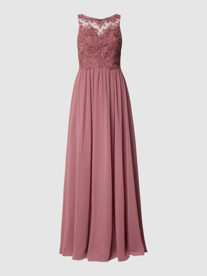 Abendkleid mit Ziersteinen und floralen Stickereien in altrosa