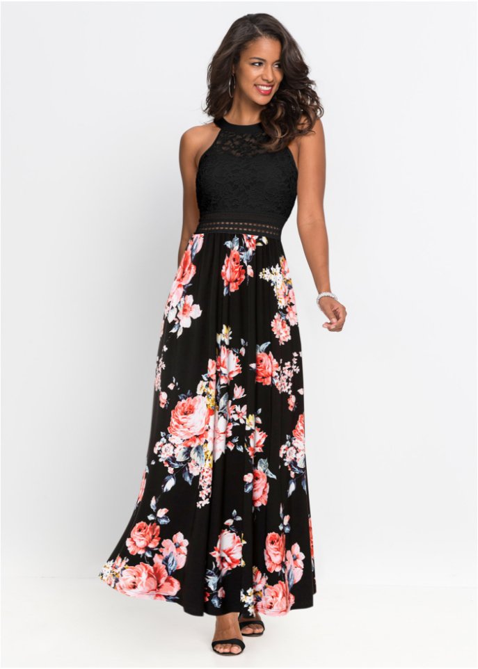 Sommer-Maxikleid mit Blumen-Print und Spitze