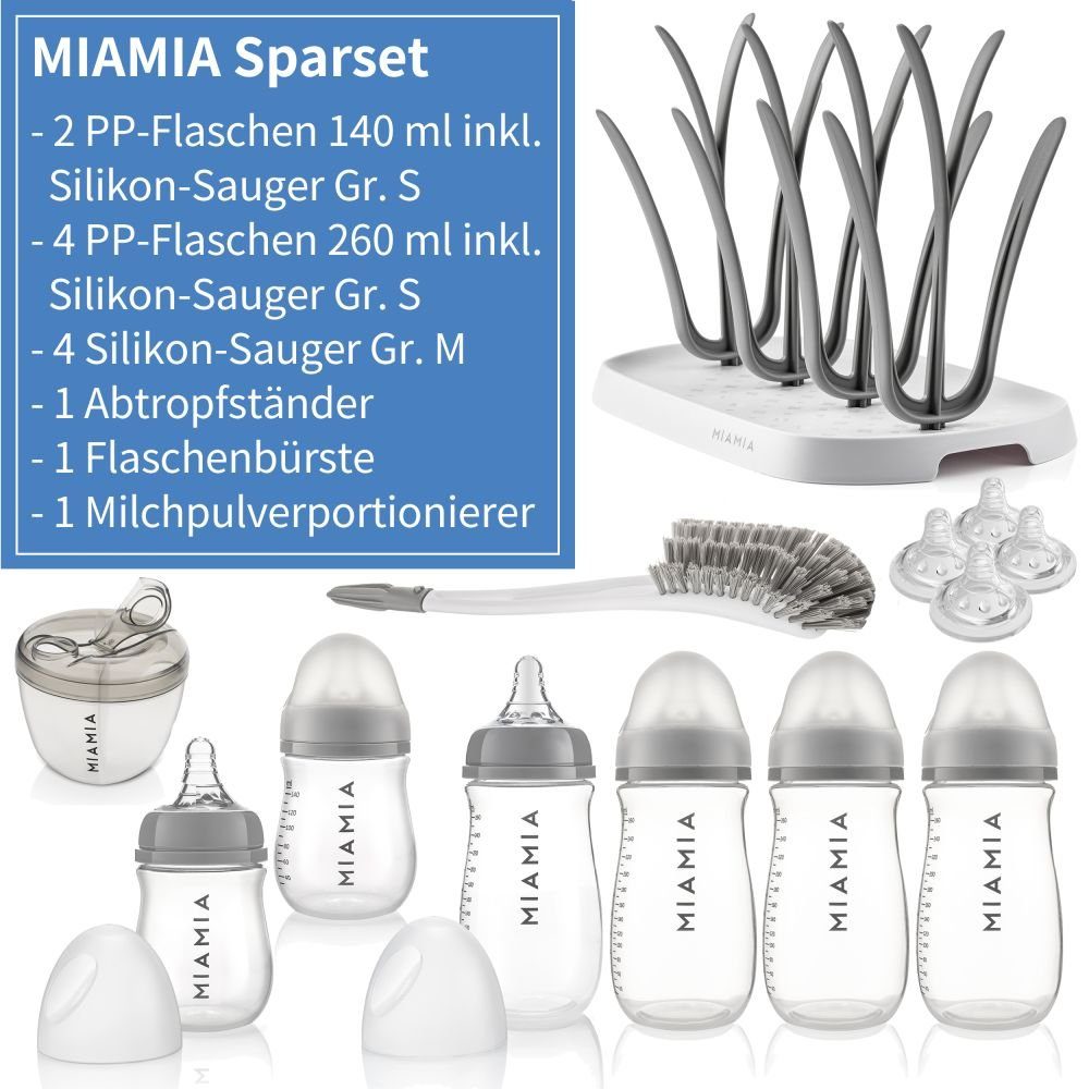 MiaMia Babyflasche PP-Flaschen Starter Set, 6 PP-Flaschen, Trinksauger, Milchportionierer, Bürste, Abtropfständer