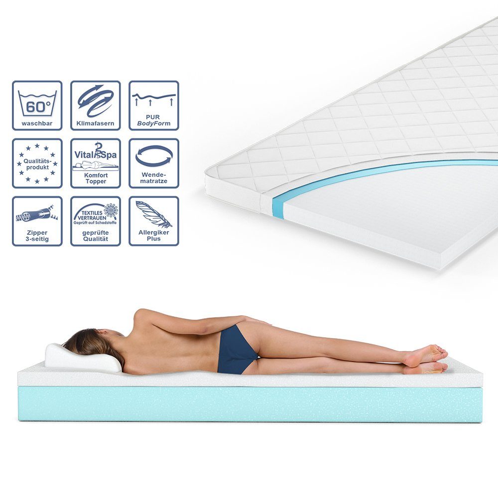 Topper Komfortschaumtopper Matratzenschoner 90x200 cm Weiß, VitaliSpa®, 6 cm hoch, Polyester