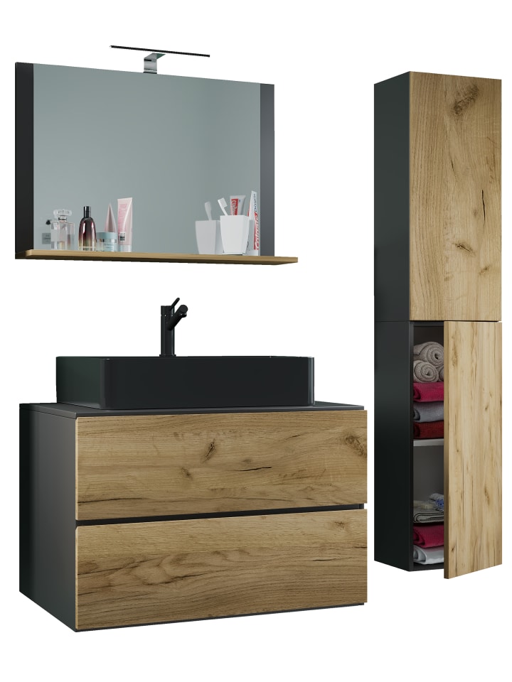 VCM  4-tlg Waschtisch Badmöbel Lendas 80 cm L Schublade in Anthrazit / Honig-Eiche günstig kaufen onesize
