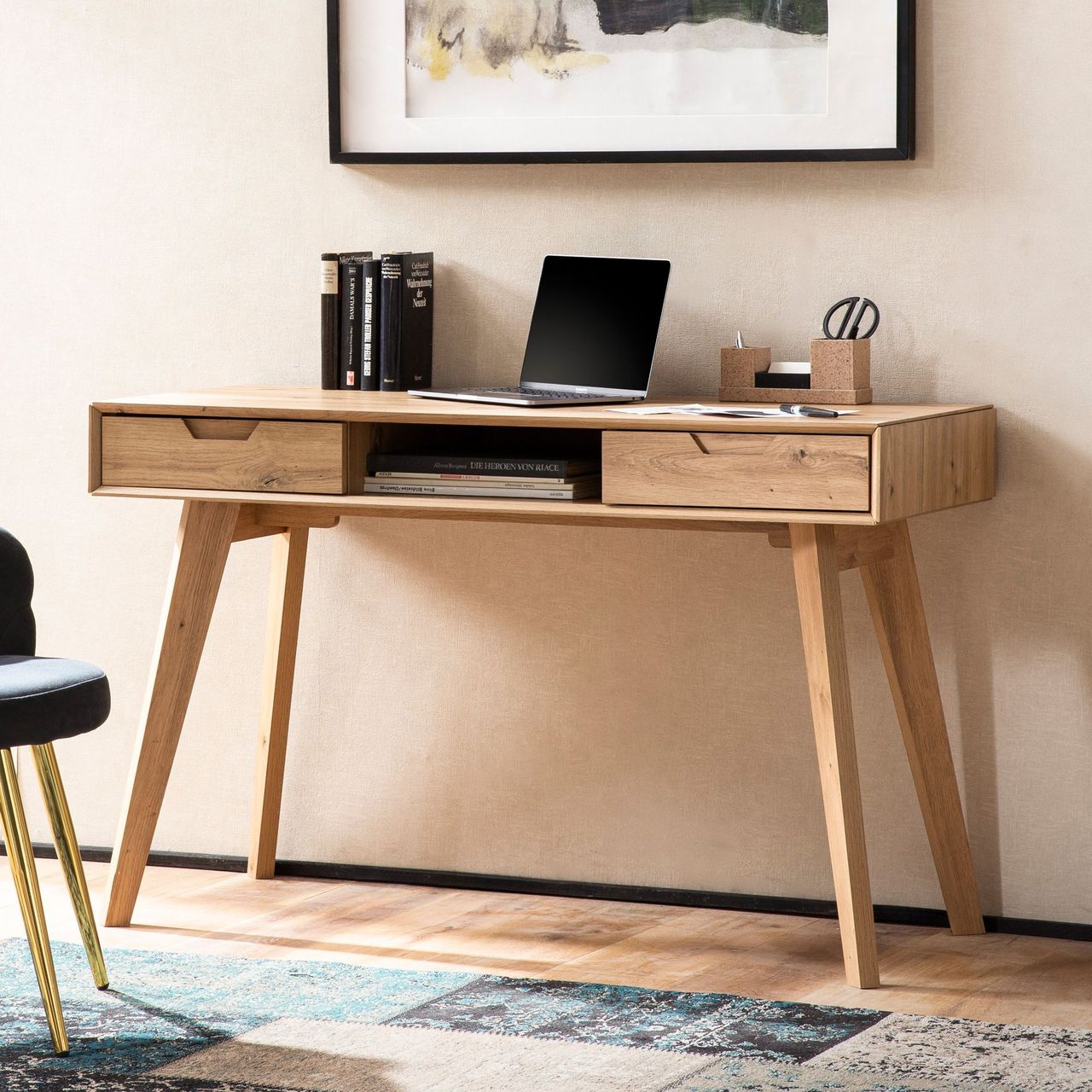 Wohnling Schreibtisch 120 cm Eiche Dekor mit Schubladen