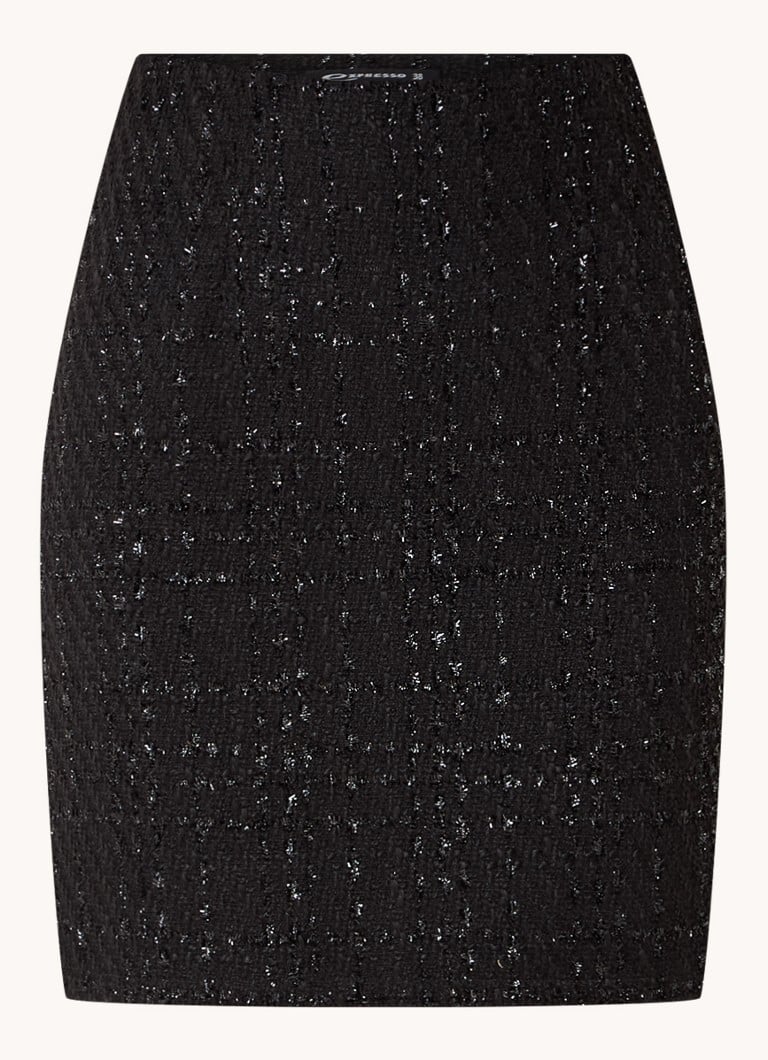 Fusta mini espresso bouclé cu inserții lurex.