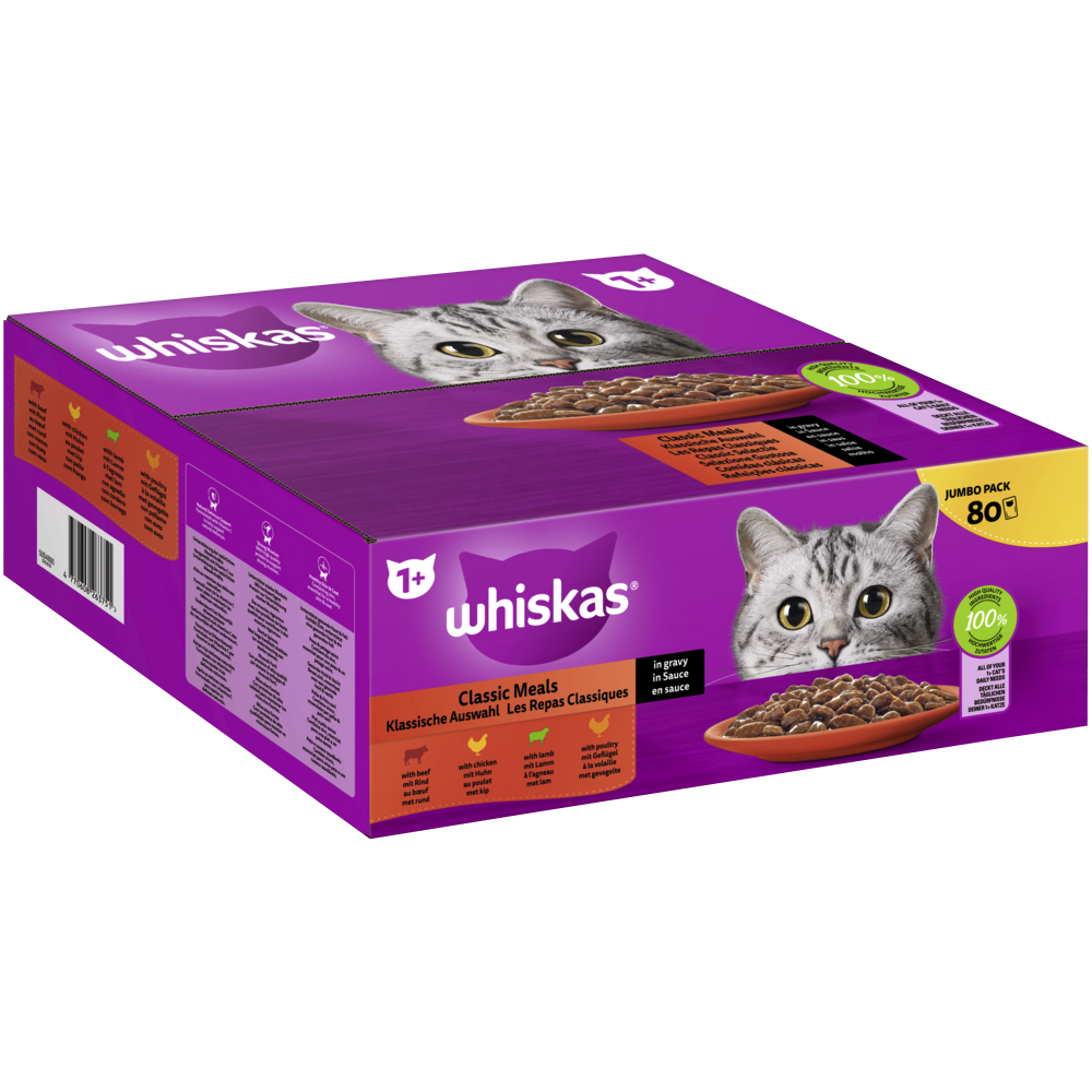 Whiskas Portionsbeutel Multipack Jumbo Pack 1  Klassische Auswahl in Sauce 80 x 85g