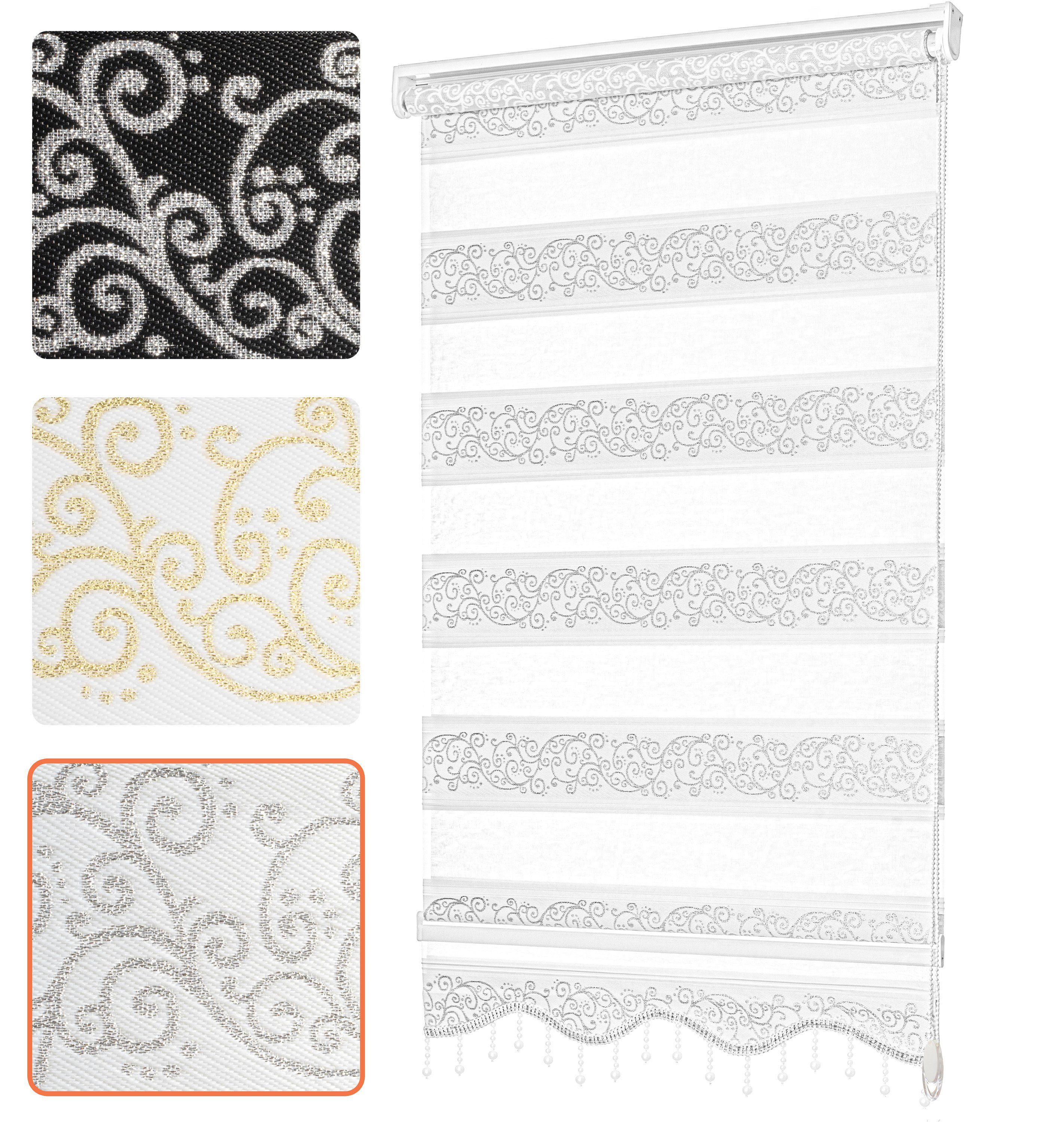 Doppelrollo ohne Bohren, Doppelrollo für Fenster mit Muster, Bailena, Lichtschutz, ohne Bohren, freihängend, Klemmfix, Duo Rollos mit Perlen, glitzernd, Ranken Blumen Motiv