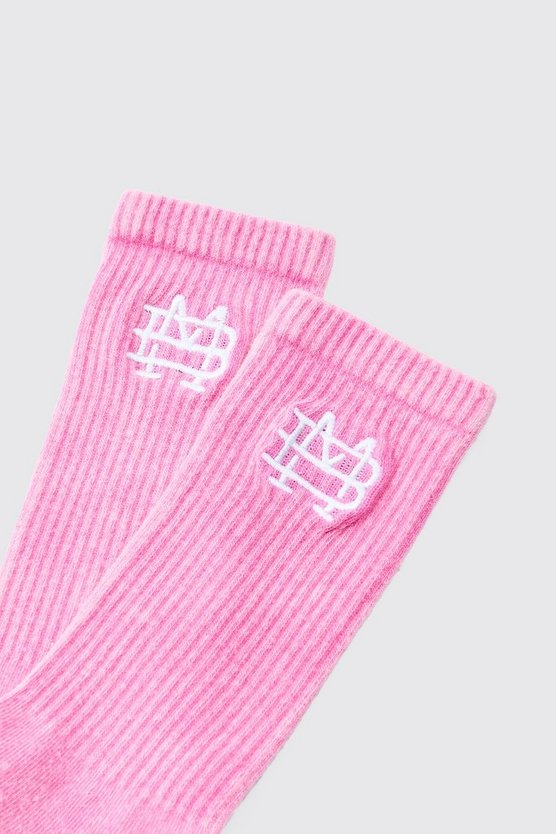 Pinke Socken mit Acid-Waschung und Bm-Stickerei