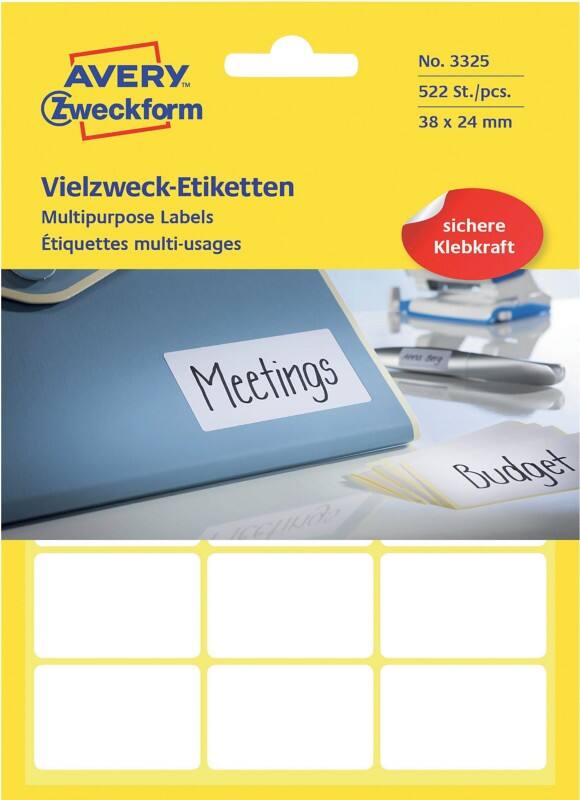 AVERY Zweckform 3325 Universaletiketten Weiß 38 x 24 mm 29 Blatt à 18 Etiketten