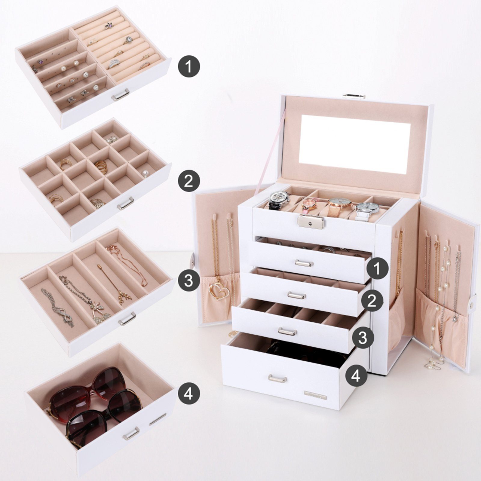Yorbay Schmuckkasten Schmuckkoffer mit 5 Ebenen, 2 Seitenfächern, Weiß (Mit Spiegel), Schmuckkästchen, abschließbar, für Halsketten, Uhren, Ringe, Brille