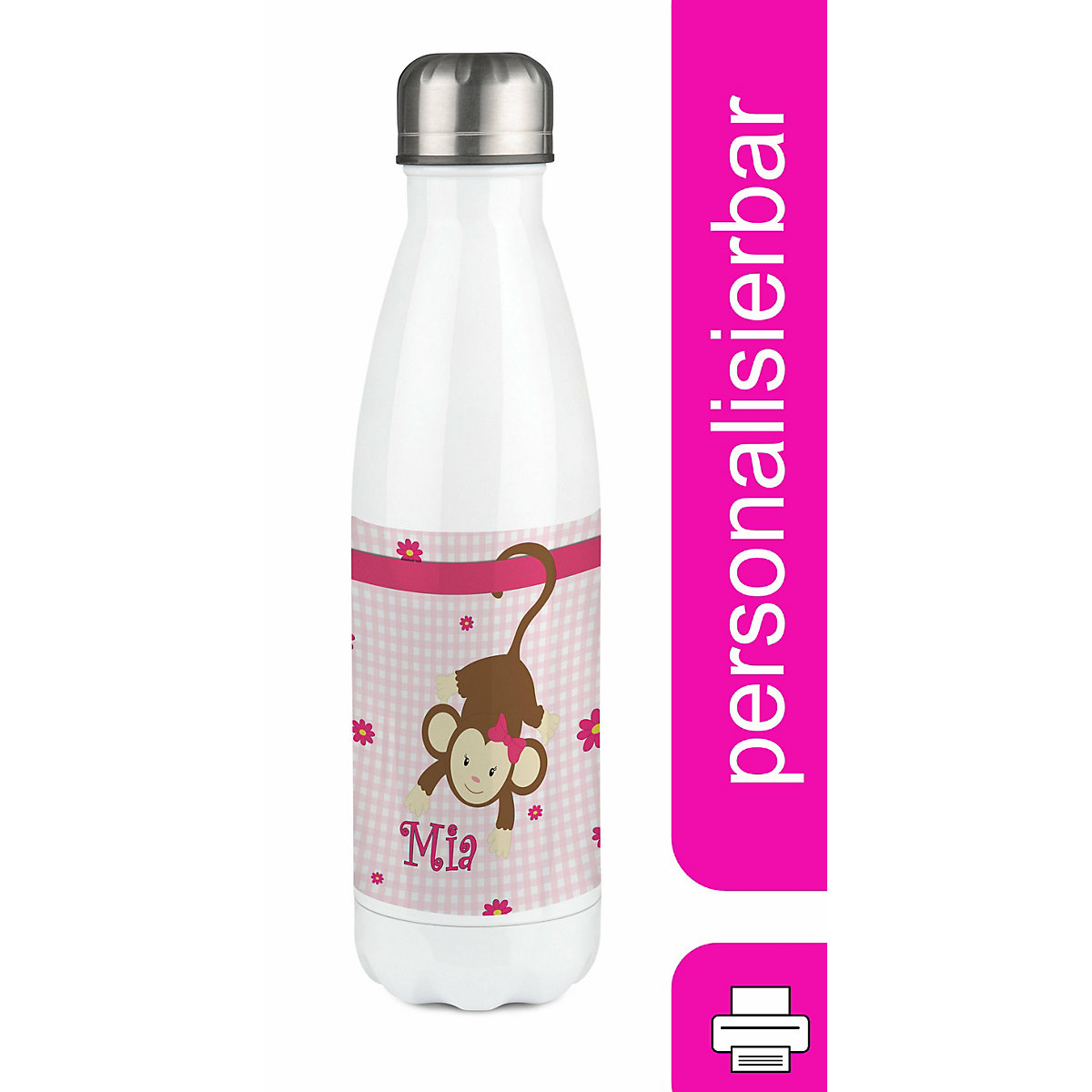 Edelstahl Kinder Thermoflasche / Trinkflasche bunt Affe hängend Farbe rosa Spülmaschinenfest, Auslaufsicher, Bruchfest, Doppelwandig, Für Heißgetränke geeignet, Mit Deckel, Isoliert