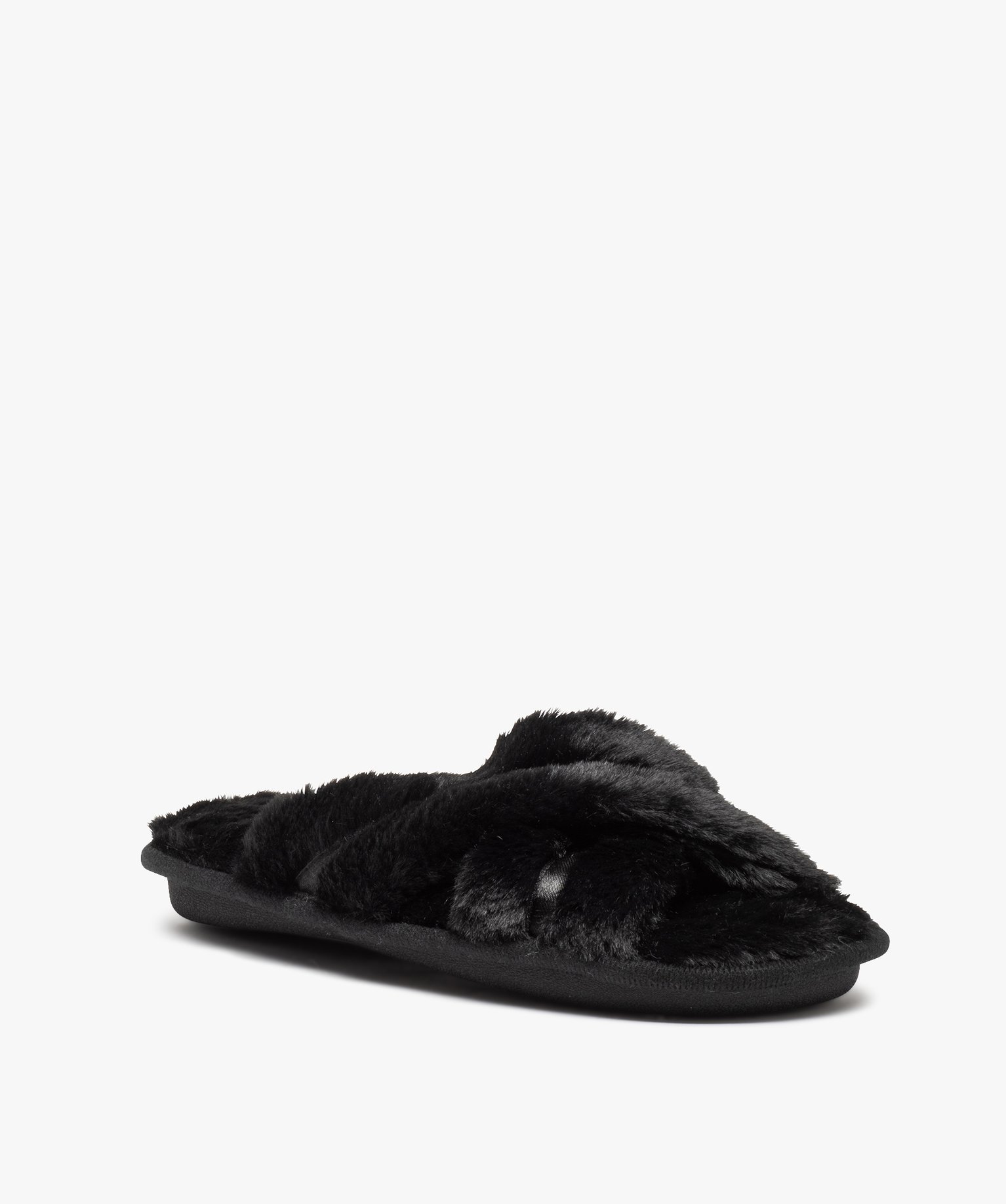 Chaussons femme mules ouvertes en fourrure imitation noir | GEMO