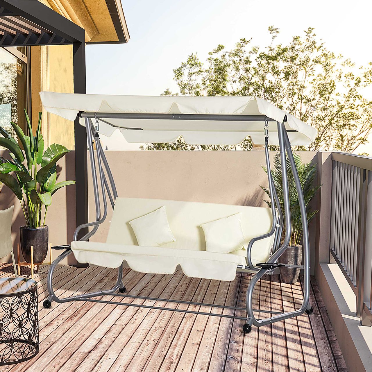 Outsunny Hollywoodschaukel Gartenschaukel 3-Sitzer Liegefunktion Stahl Beige