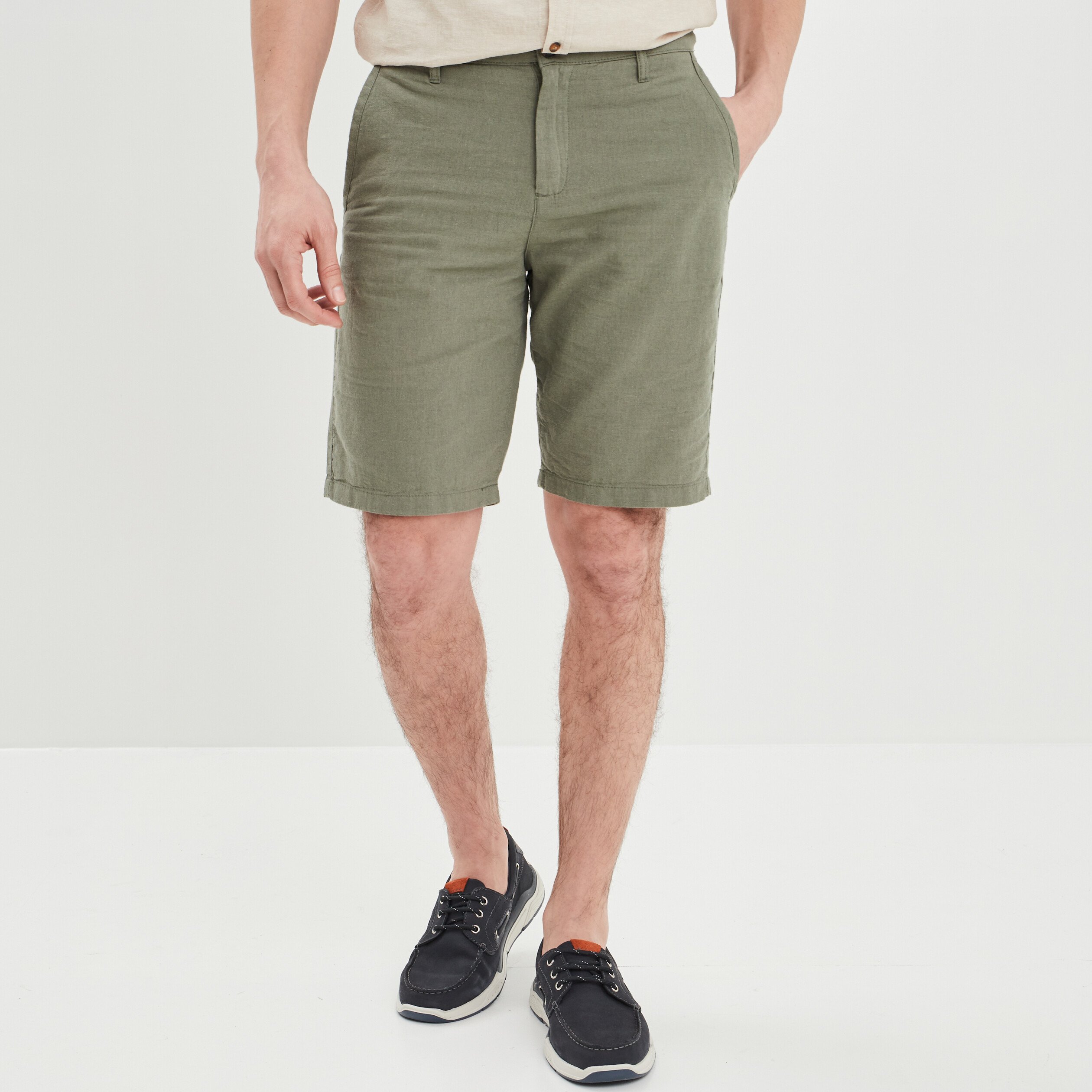 Short chino droit lin majoritaire vert kaki homme | La Halle