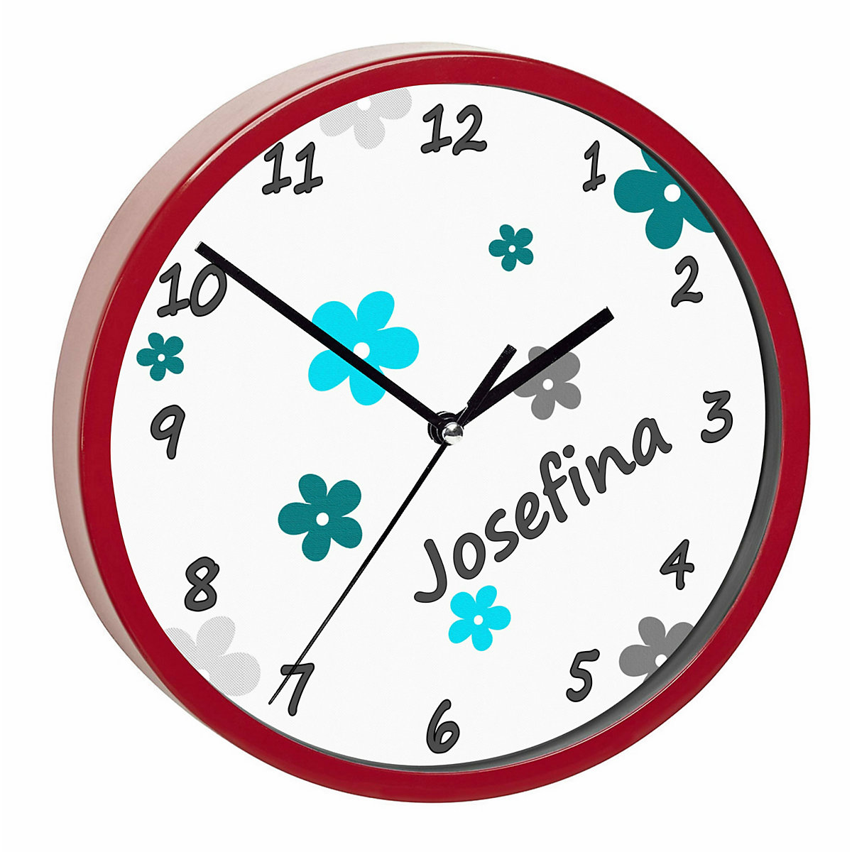 Kinder Wanduhr personalisiert mit Name Blumen Türkis