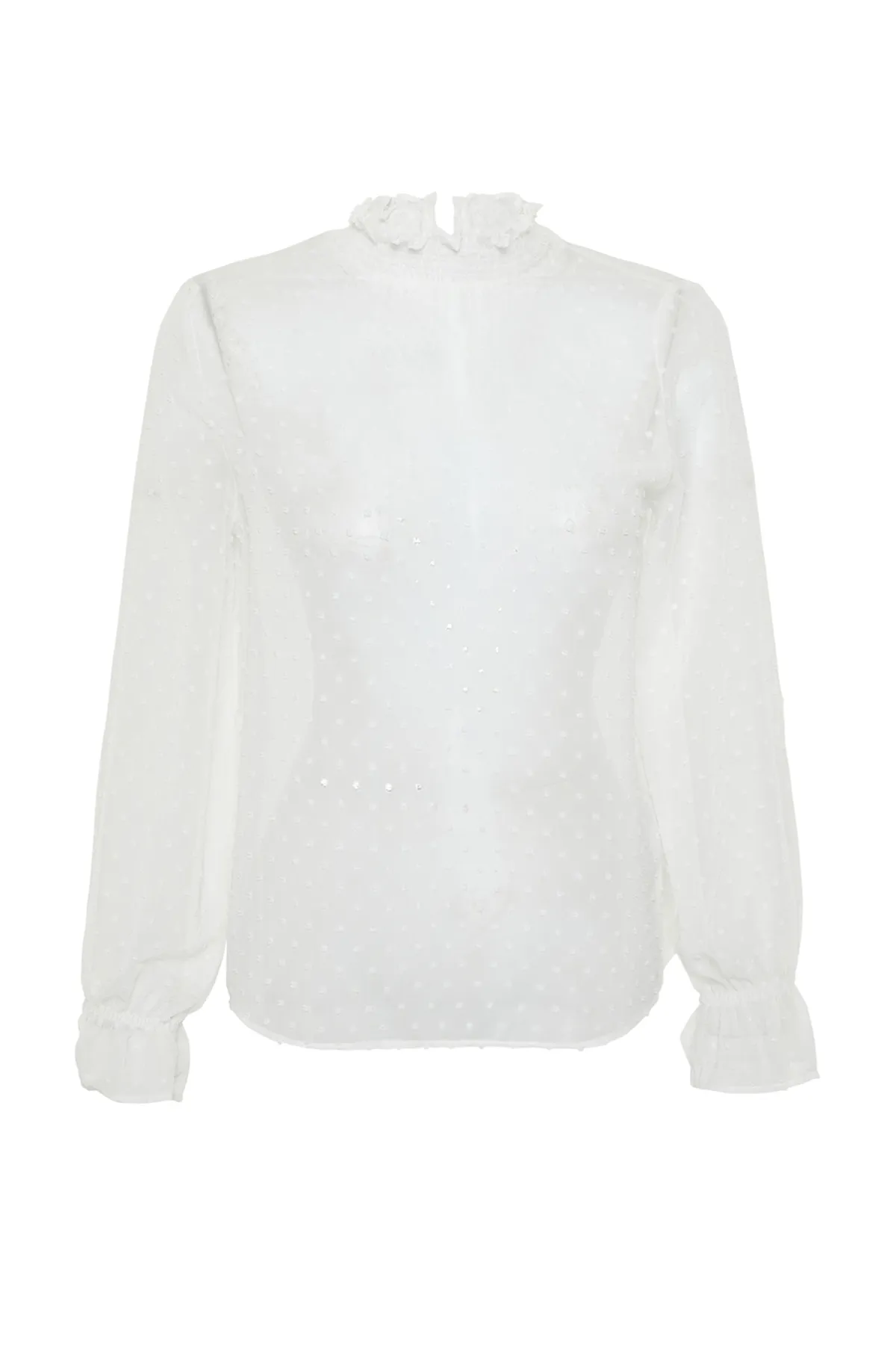 Trendyol Collection  Ecrufarbene Chiffon-Webbluse mit hohem Kragen und Bommel TWOSS24BZ00006