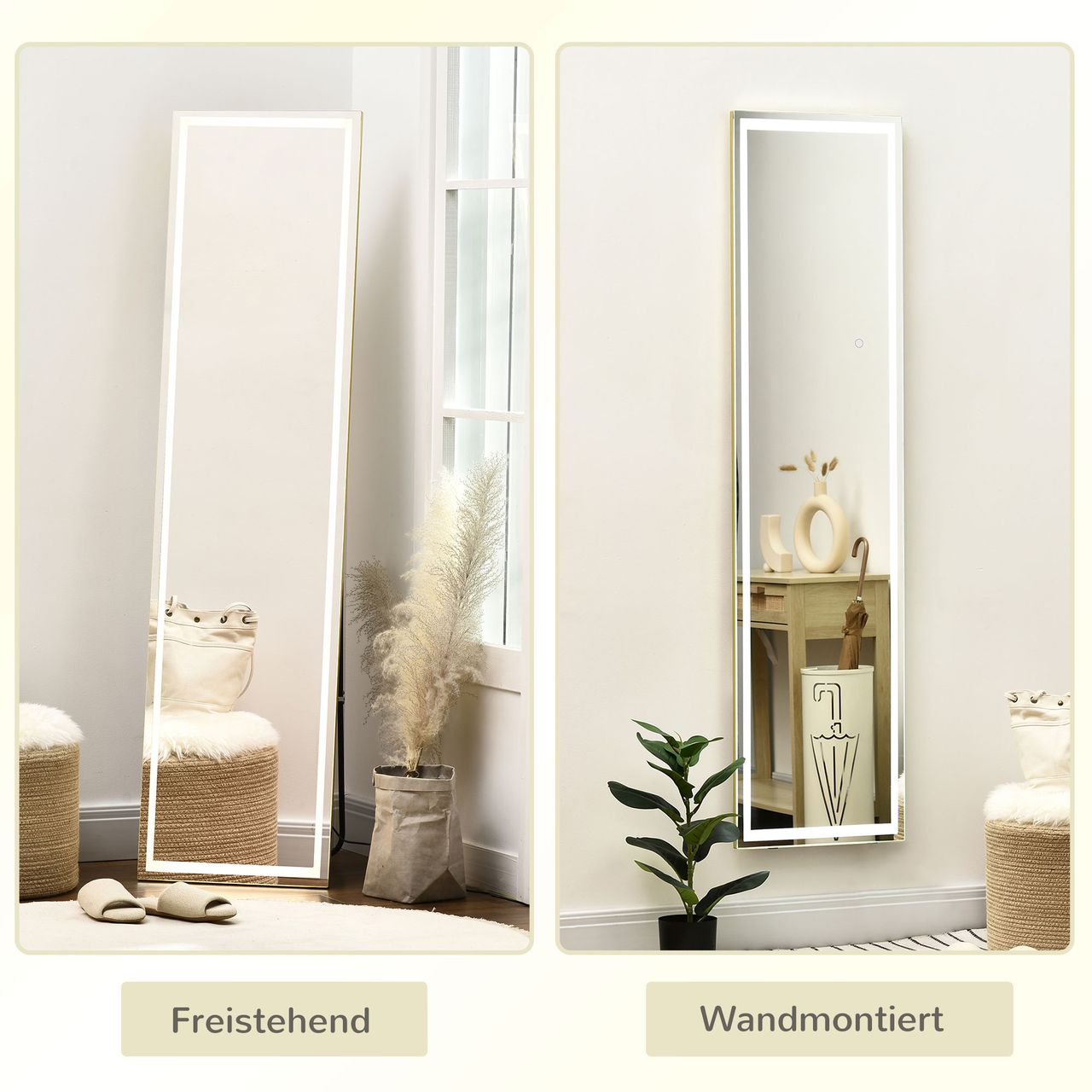 HOMCOM 2 in 1 Standspiegel, Wandspiegel, Ganzkörperspiegel mit LED-Beleuchtung
