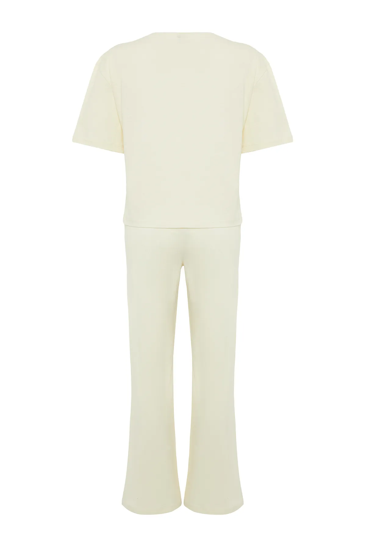 Trendyol Collection  Beige gestricktes Pyjama-Set mit T-Shirt und Hose aus 100 % Baumwolle mit Teddybär-Aufdruck THMSS23PT00134