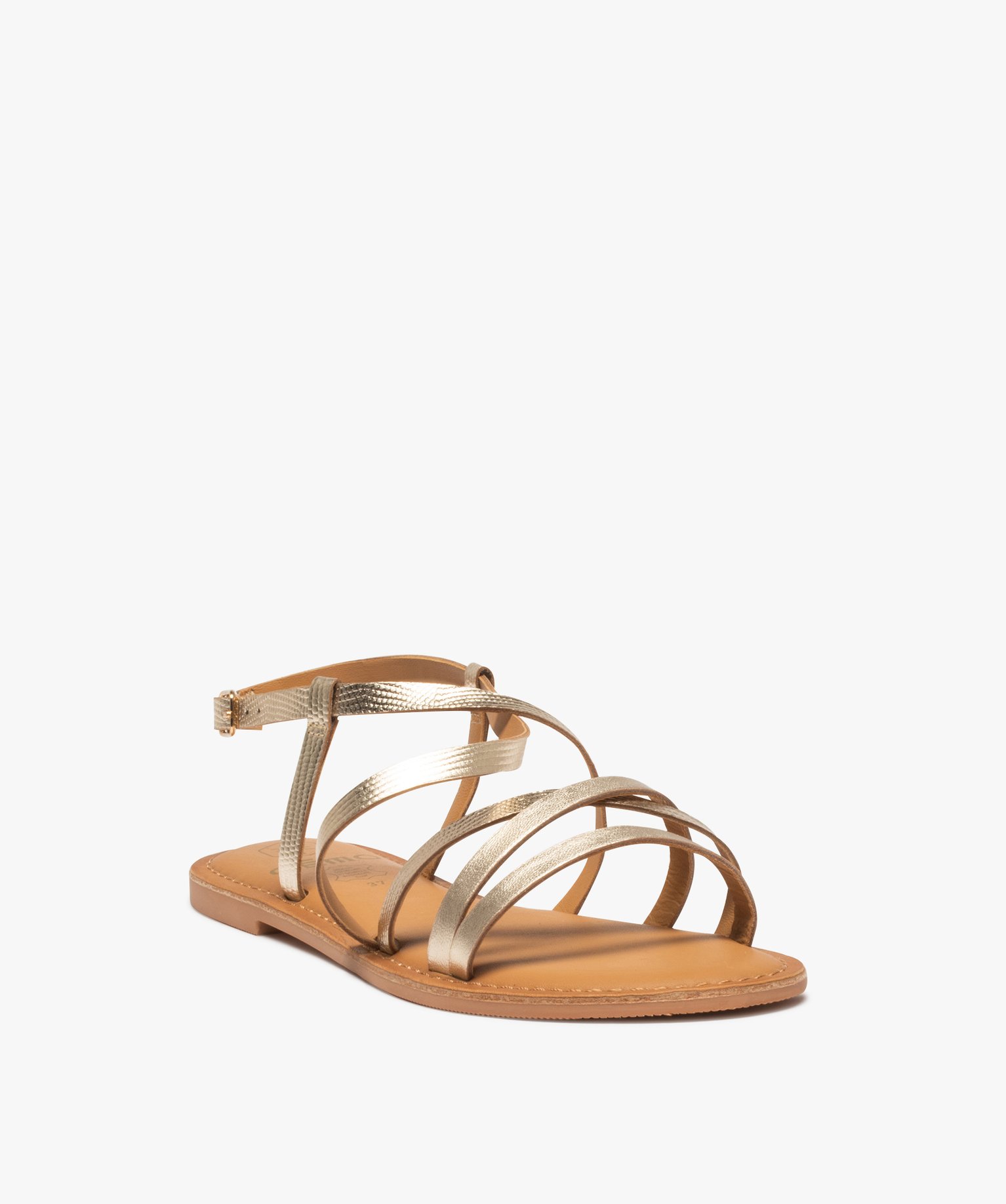 Sandales femme à talon plat et fines brides en cuir métall... or | GEMO