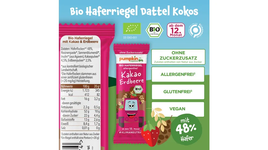 pumpkin organics Bio Haferriegel mit Kakao & Erdbeere 20 g
