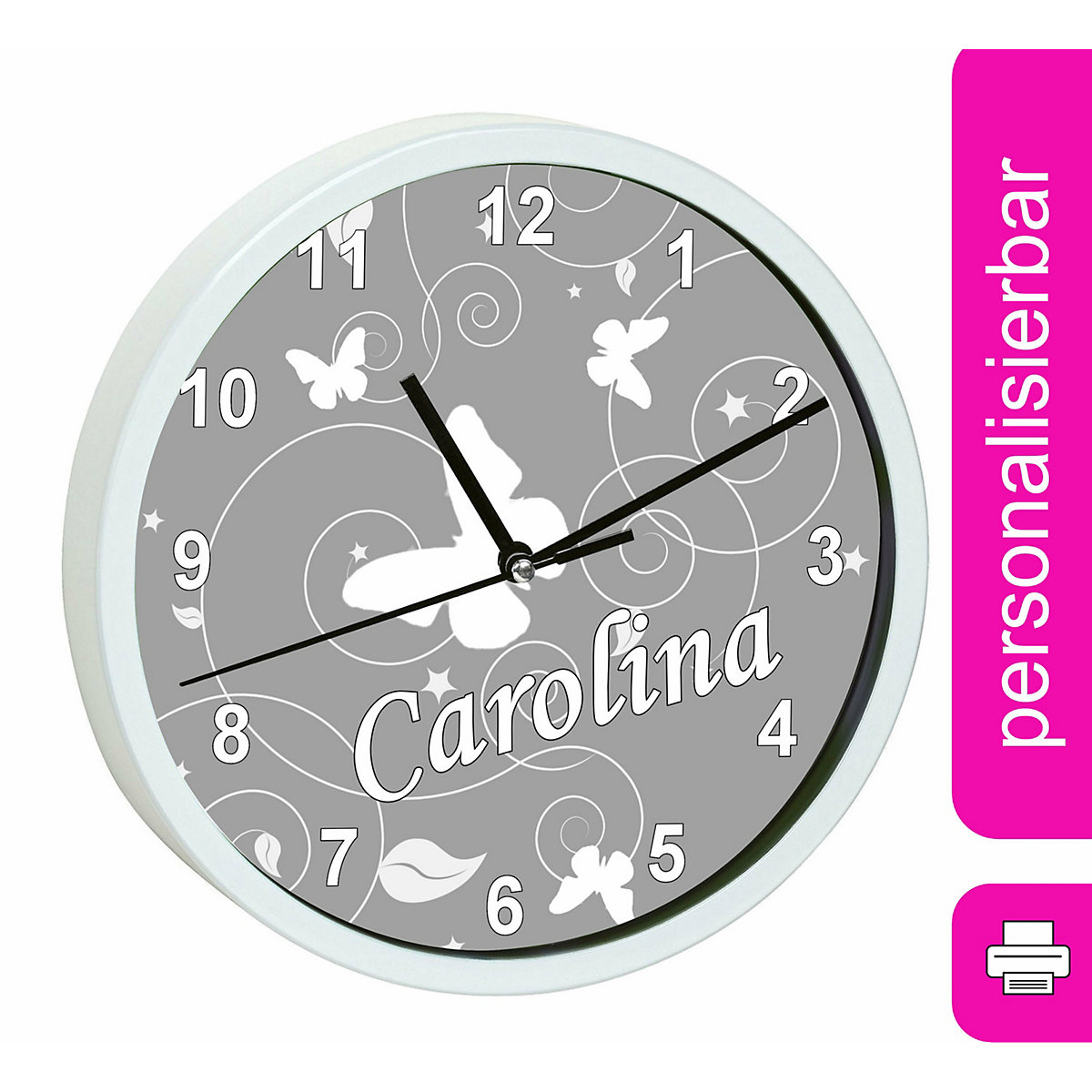 Kinder Wanduhr personalisiert mit Name Schmetterling Ornamente grau