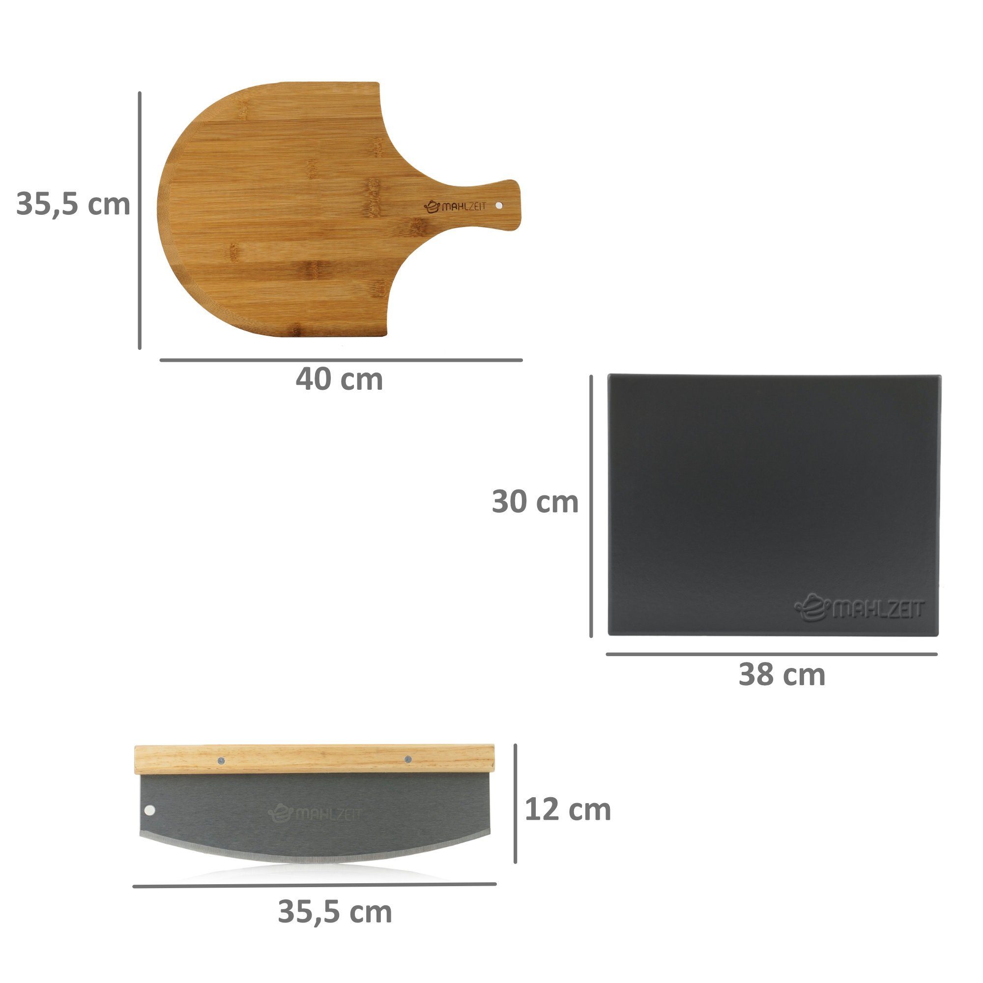 Mahlzeit Pizzastein 3-teiliges Pizza Set, 38 x 30 cm, Pizzastein mit Schaufel und Messer, Cordierit, (Set, 1x Pizzastein, 1x Bambus Pizzaschaufel, 1x Pizzamesser)